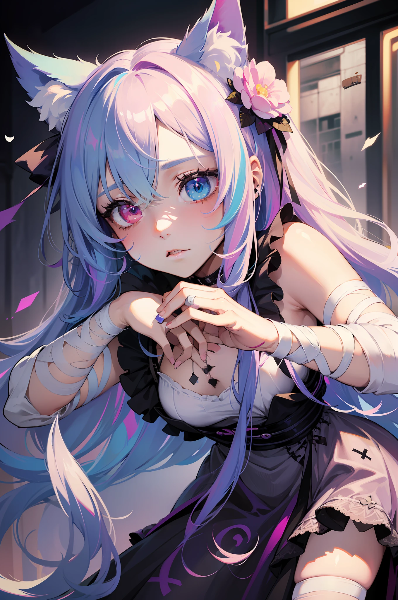 (masterpiece), best quality, high definition, beautiful girl,(extremely delicate and beautiful), pastel tone, best lighting, zombie girl with animal ears, kawaii style,eerie, horror, unsettling, (creepy-cute), patches, stitches, bandaid on body, bandages on arm, pastel color palette, multicolored hair, stitches on face, heterochromia