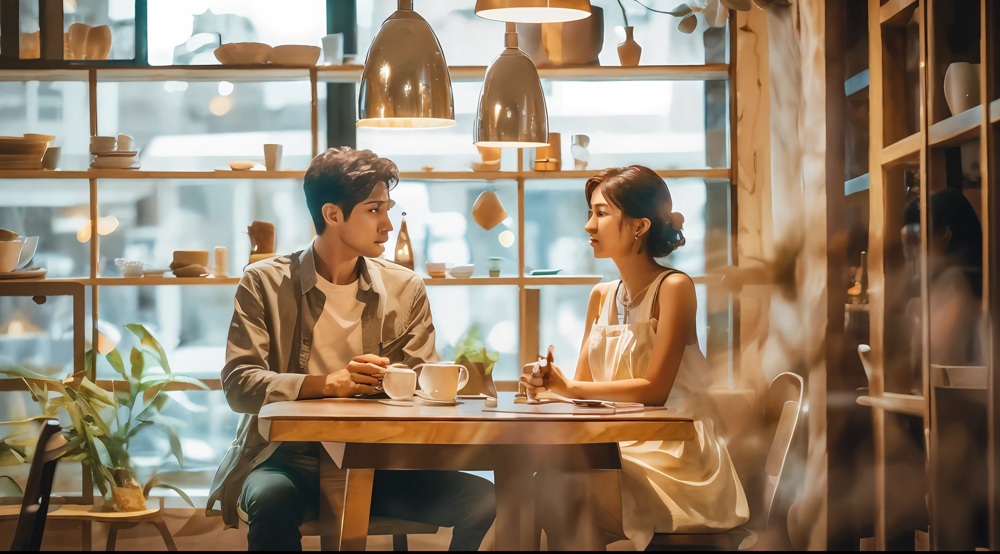 (top quality, 8k, 32k, masterpiece, UHD: 1.3), They are sitting at a table in a restaurant and talking, staring at each other unconsciously, shooting with a Canon EOA 6D Mark II, in a bright café, couple, quietly conversing 8K, intense flirting, Korean, sitting in a café, having an awkward dinner date, sitting alone in a café, Portrait Shot masterpiece, best quality, ultra detailed, highres, high-resolution, 8k portrait, unity 8k wallpaper, realistic , RAW photo, real person, portrait photography, photorealistic, shiny skin, detailed skin,