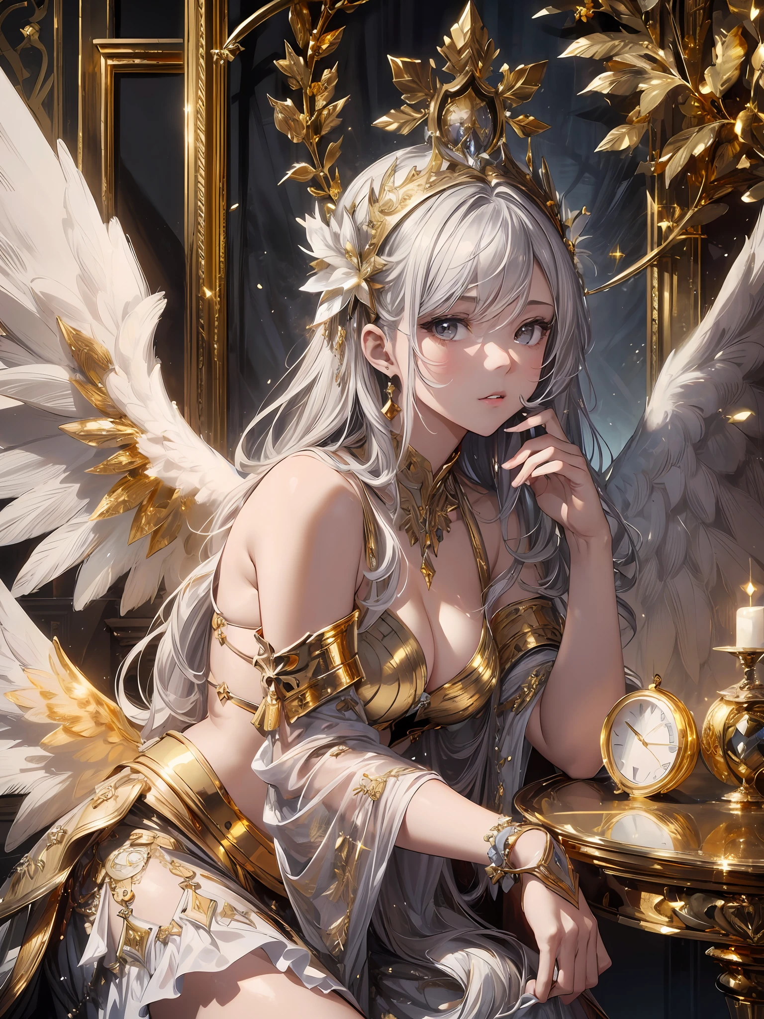 masterpiece, highly detailed, high quality, (((gold, silver, glimmer)), angel), limited palette, contrast, phenomenal aesthetic, best quality, sumptuous artwork, sharp focus, illustration, soft lighting, rim light, hyperrealistic,