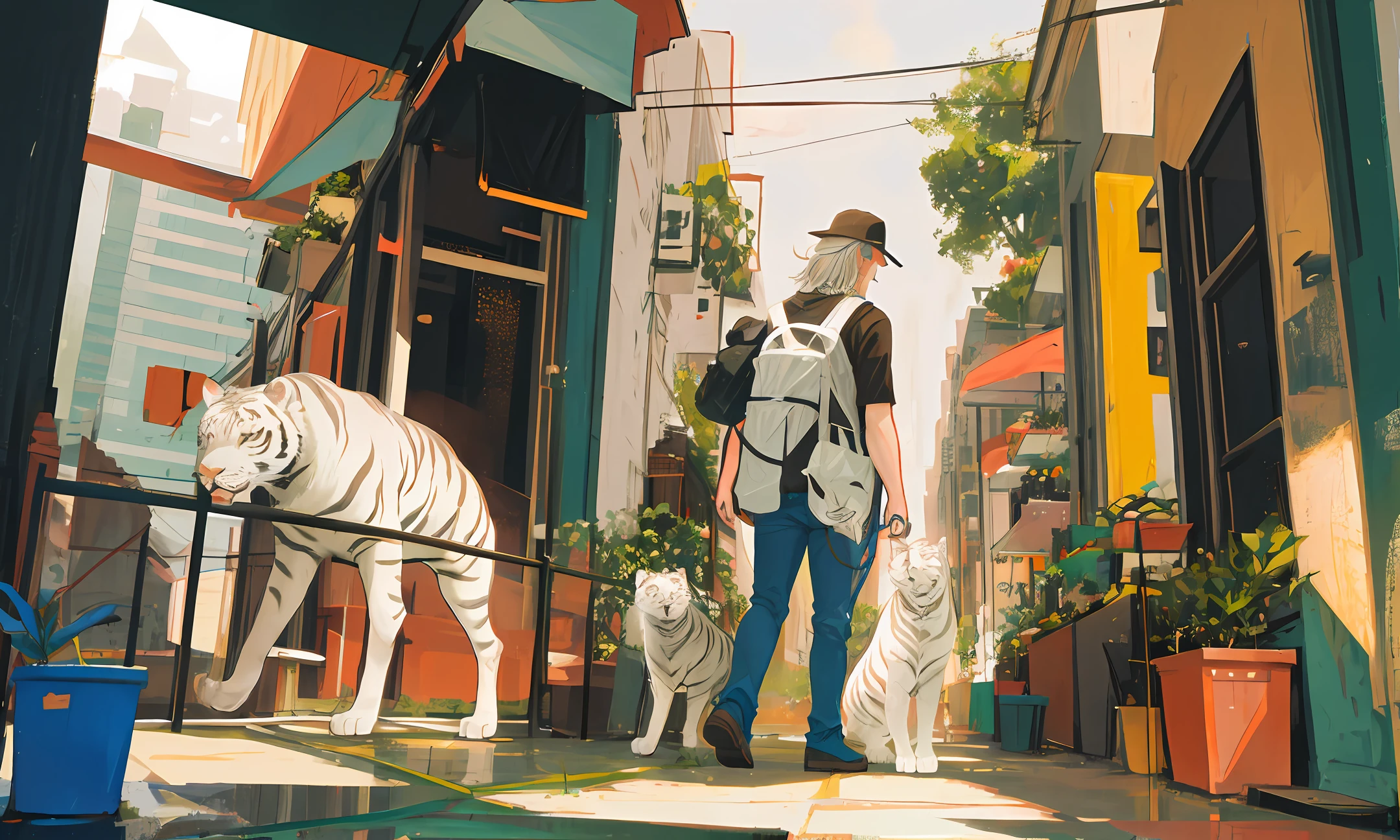 Two white tigers hunting inside the city