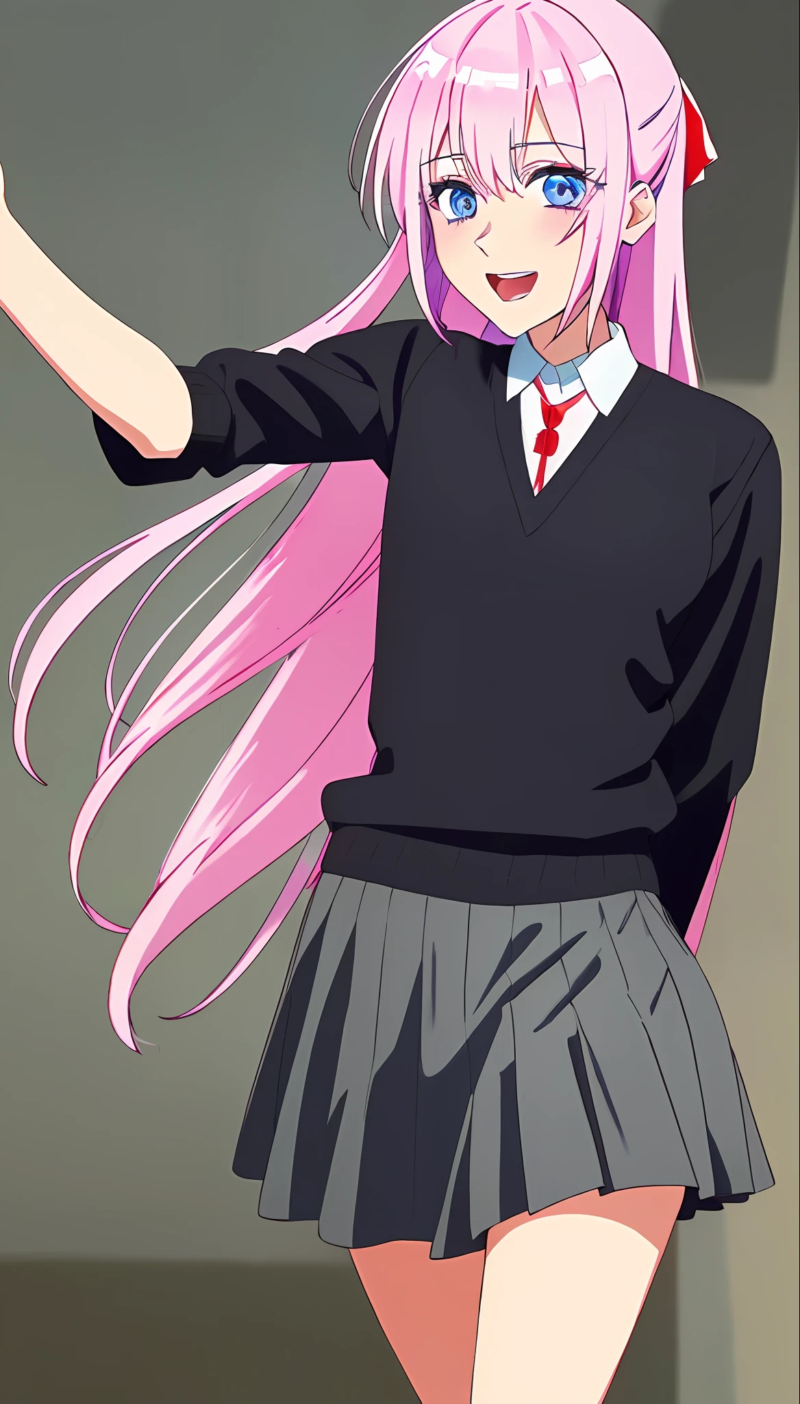 1girl, solo, shikimoriMicchon, highres, hdr, (((best quality, masterpiece))), ultra detailed illustration, extremely detailed face, (school uniform, black sweater, white shirt, red neck ribbon, grey skirt), open mouth, smile, cowboy shot