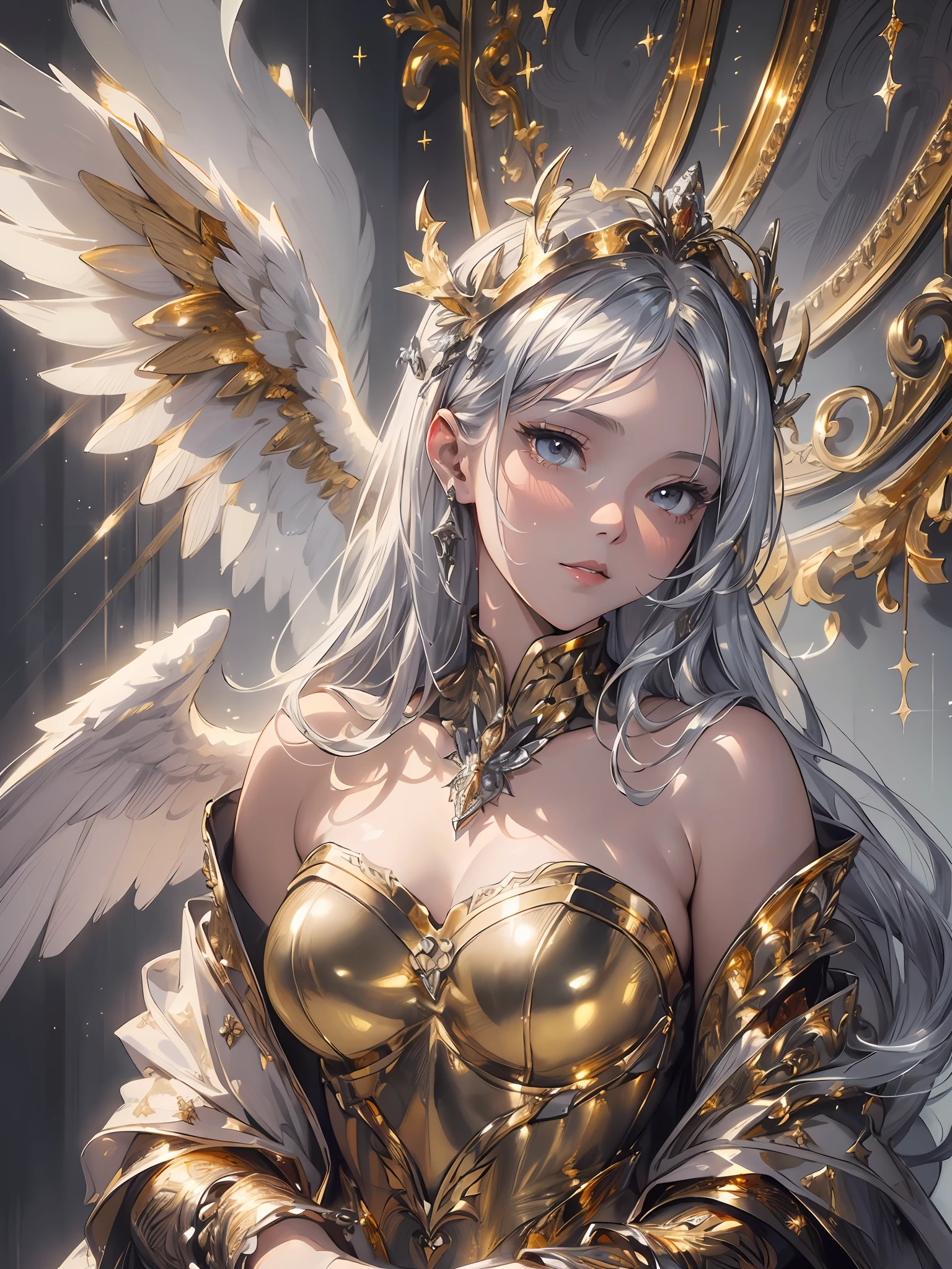 masterpiece, highly detailed, high quality, (((gold, silver, glimmer)), angel), limited palette, contrast, phenomenal aesthetic, best quality, sumptuous artwork, sharp focus, illustration, soft lighting, rim light, hyperrealistic,