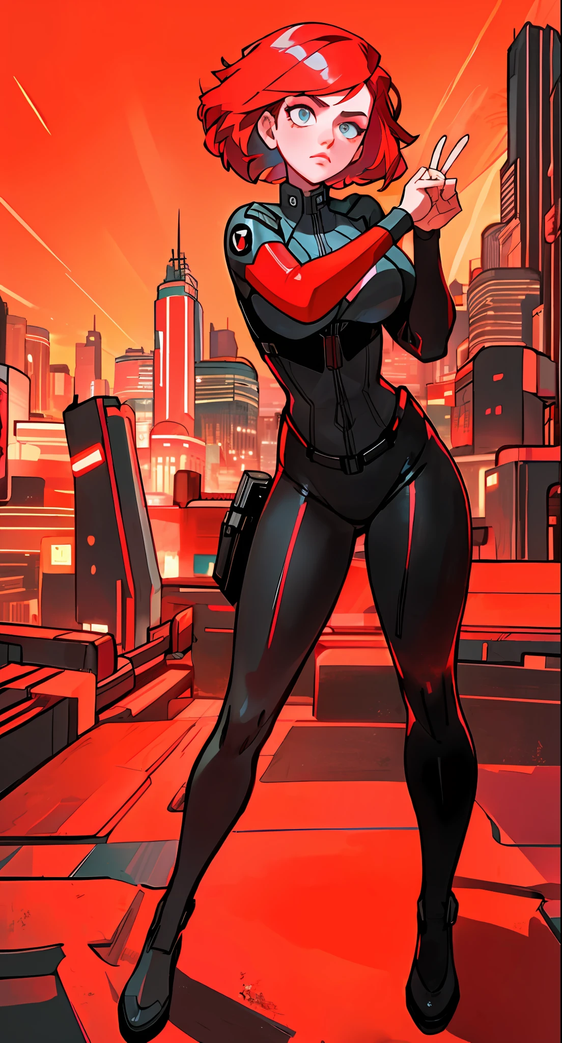 Black widow, short hair, pure black leather tights, pure red hair, looking from above, full body, perfect eyes, large perspective, city in background, neon, daytime, standing, hands up