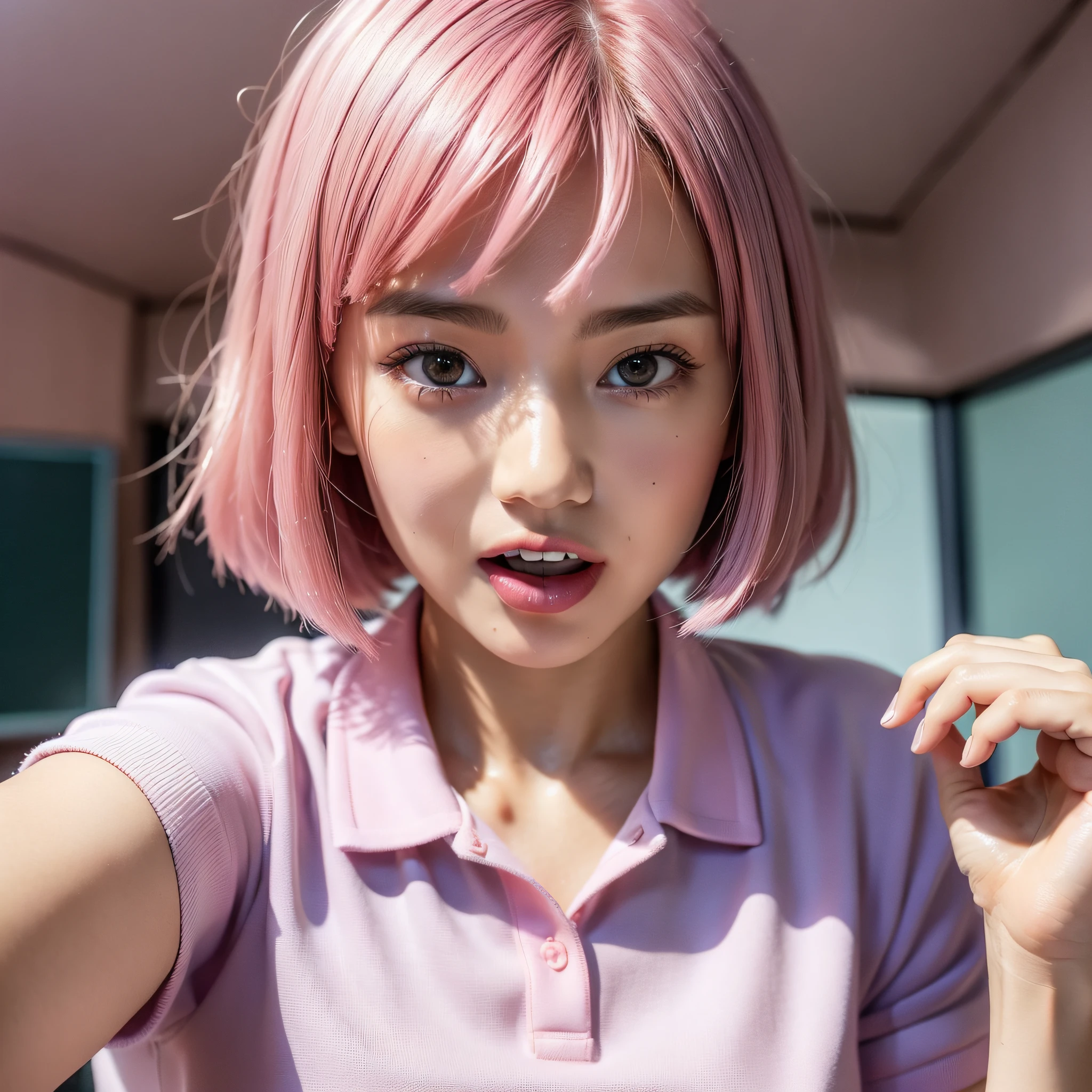1girl, (awaitingtongue:1.25), (Tongue touches chin:1), Open mouth and perfect teeth, Drooping palate, Waiting O-Face, 30yo, temptation, (Moist eyes:1.3), (pink bob cut hair:1), (Embarrassing:1.15), (full-face blush:1.3), (Polo Shirts:1.1), looking at viewer, at school classroom, RAW photo, (hyper-realistic:1.2), ultra detailed, nsfw,