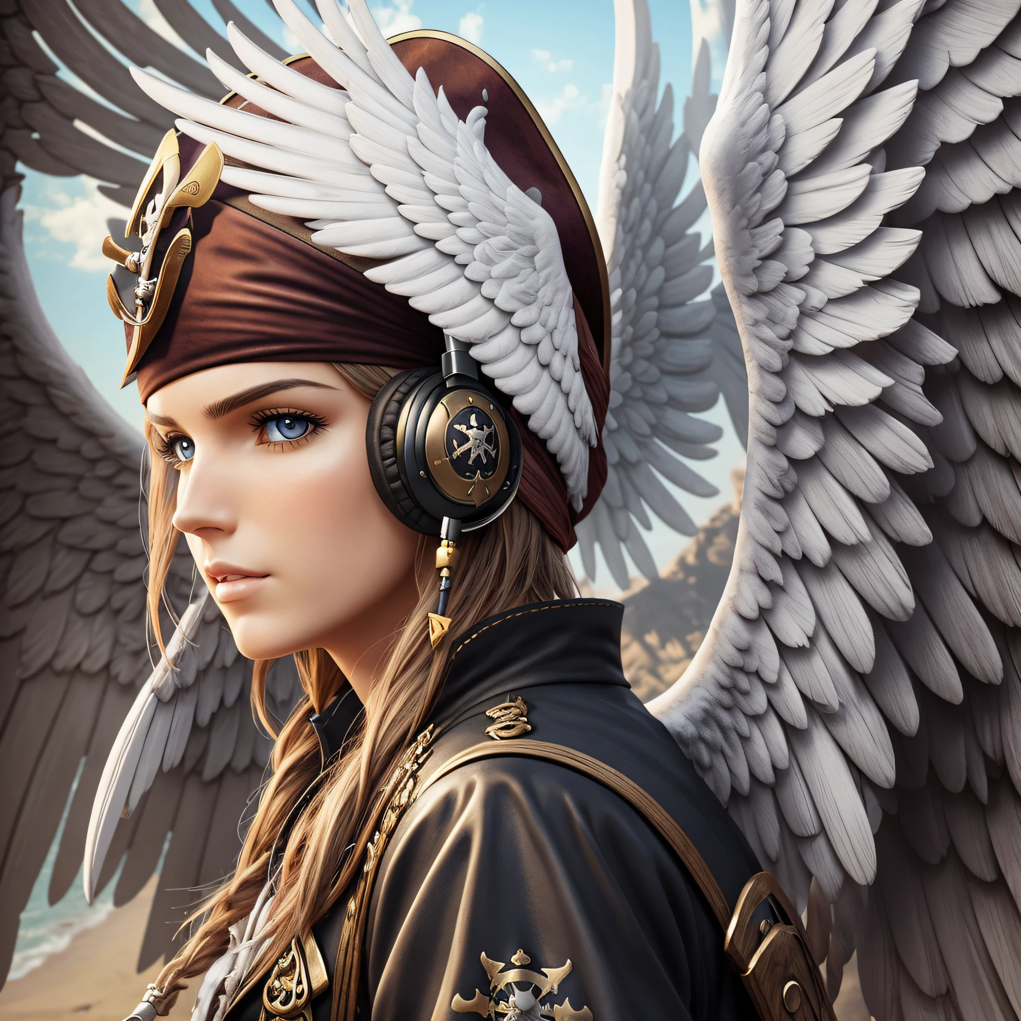 CLOSE-UP A PIRATE ANGEL HEADPHONES LARGE WINGS 3D REALISTIC --auto --s2