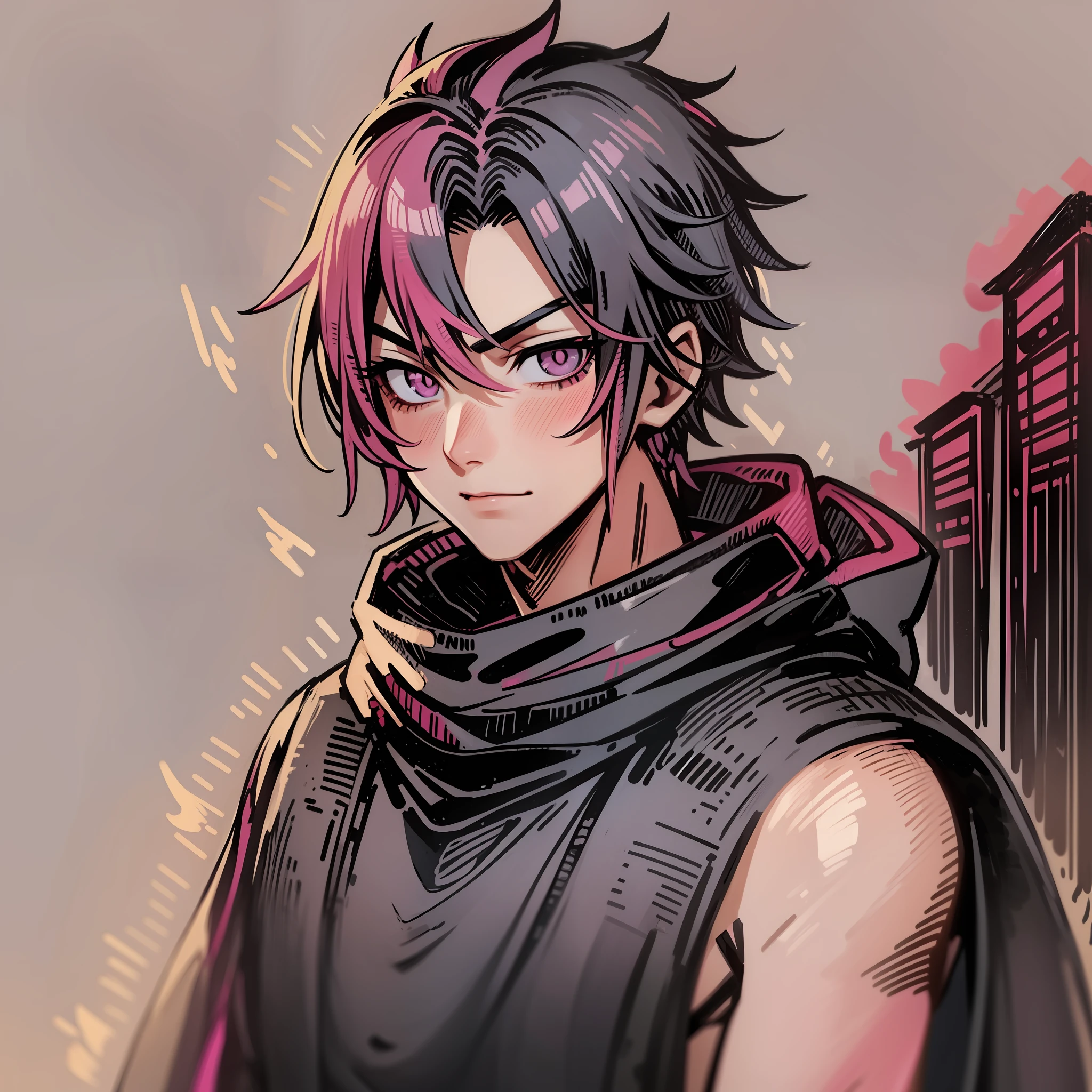Boy anime hair pink outfit black portrait bust, cute face in art demon slayer, black bandana, gray eyes, best anime, badass anime, male, high quality anime art, anime boy, male, young man anime.