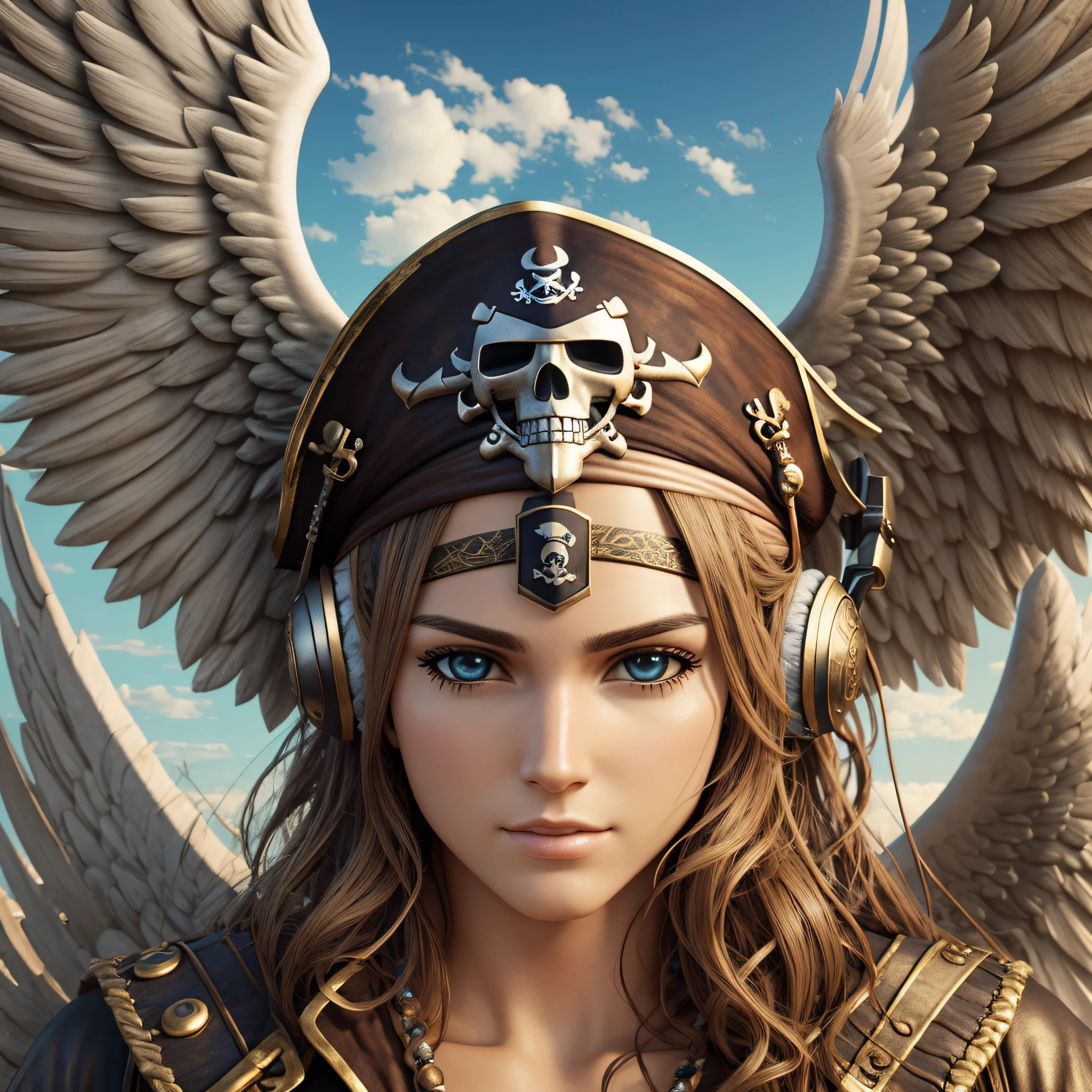 CLOSE-UP A PIRATE ANGEL HEADPHONES LARGE WINGS 3D REALISTIC --auto --s2