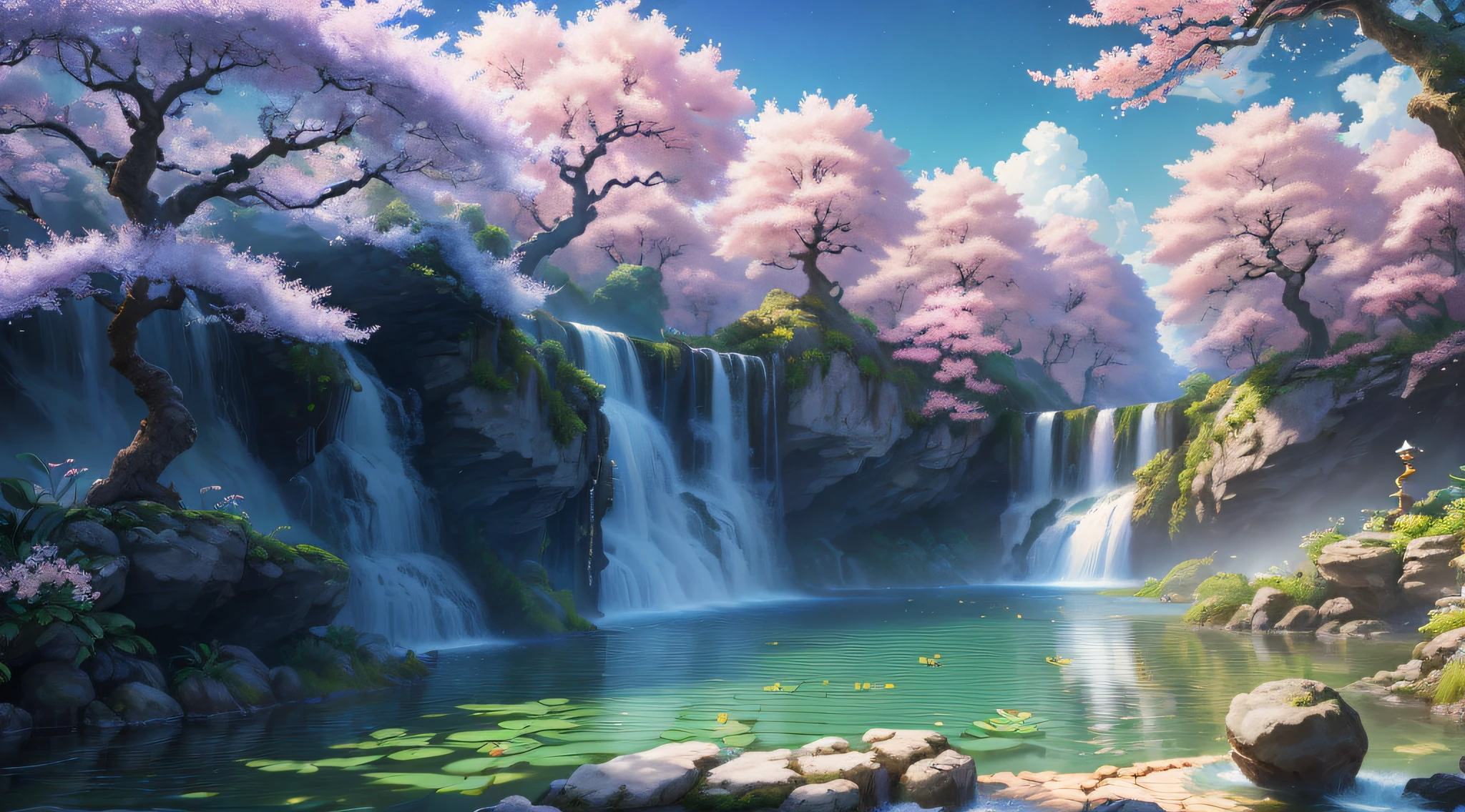 Masterpiece, best quality, (very detailed CG unified 8k wallpaper) (best quality), (best illustration), (best shadow) Vivid colors, jungle, water, natural beauty, oasis of tranquility, cherry blossom trees, blue sky Ray tracing, super detailed , ancient porcelain, jade, starry sky, ,Ultra-Wide Angle --v6