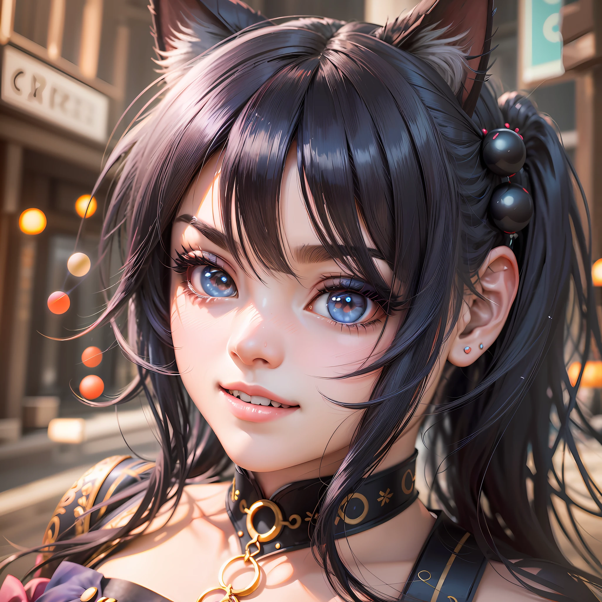 anime girl with blue eyes and black hair in a street, detailed digital anime art, beautiful anime catgirl, realistic anime 3 d style, artgerm on artstation pixiv, stunning anime face portrait, anime girl with cat ears, extremely detailed artgerm, anime style 4 k, detailed portrait of anime girl, very beautiful anime cat girl, realistic anime artstyle