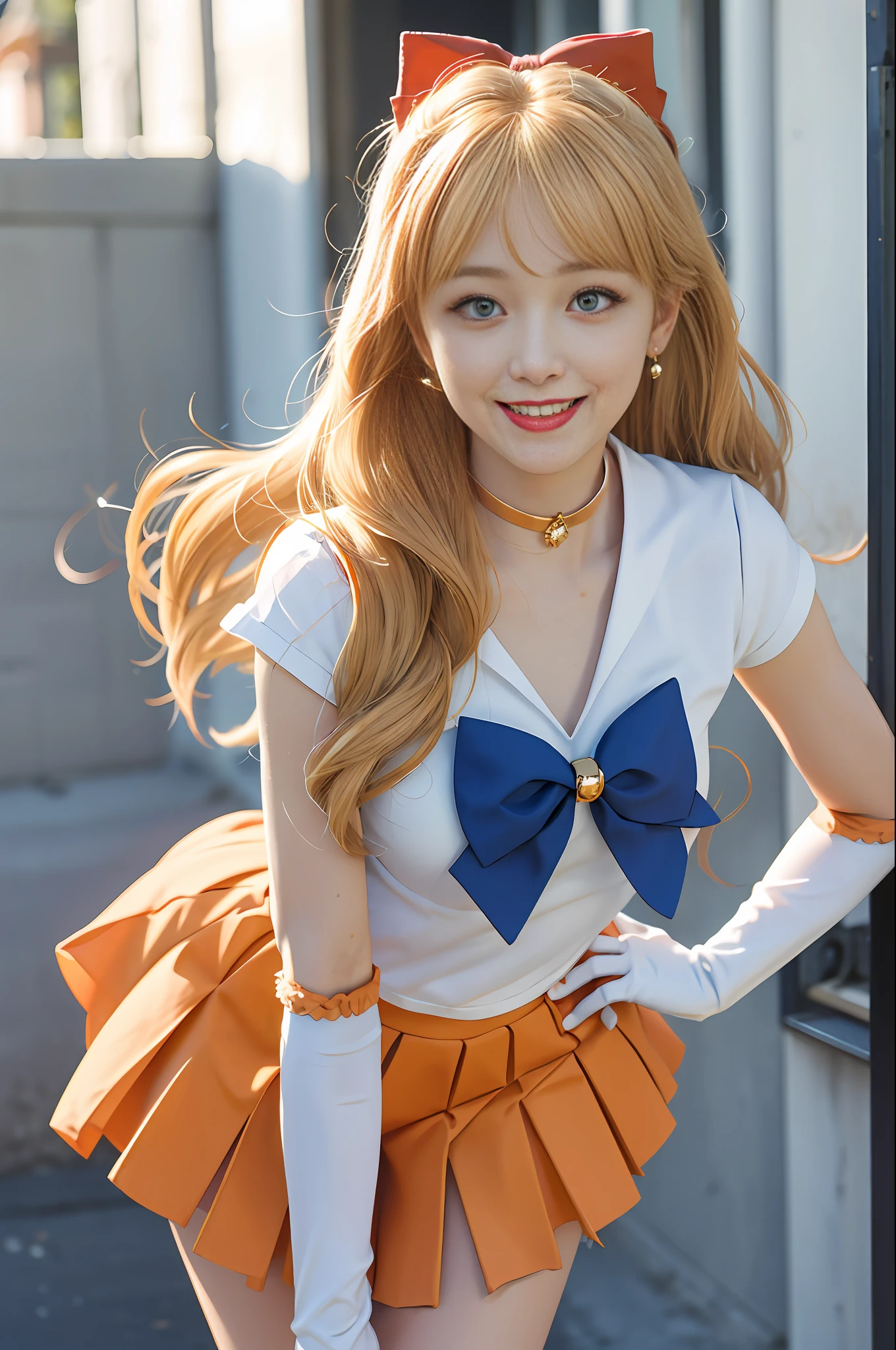 masterpiece, best quality, highres, venus1, 1girl, solo, sailor senshi uniform, sailor venus, aino minako, blonde hair, magical girl, blue eyes, orange skirt, elbow gloves, tiara, pleated skirt, hair bow, orange sailor collar, miniskirt, choker, red bow, orange choker, white gloves, very long hair,  jewelry,  earrings, hand on hip, bent over, leaning forward, smile, open mouth, street,