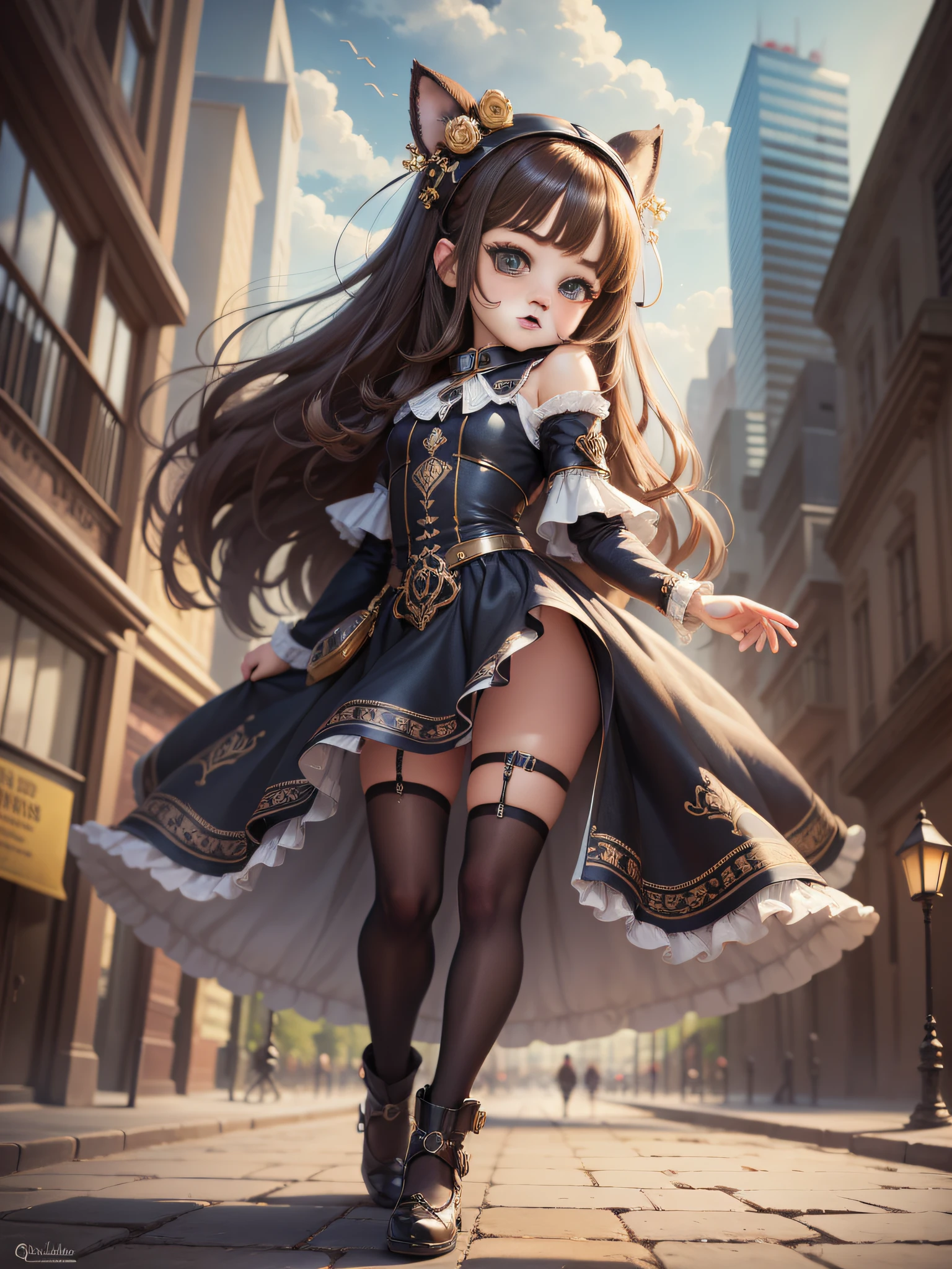 (Masterpiece), (Extreme Quality), (Super Detailed), (Full Body: 1.2), A Q Version Girl, Cute , Big Eyes, Baby Face, Smile, Brunette Hair, Future City