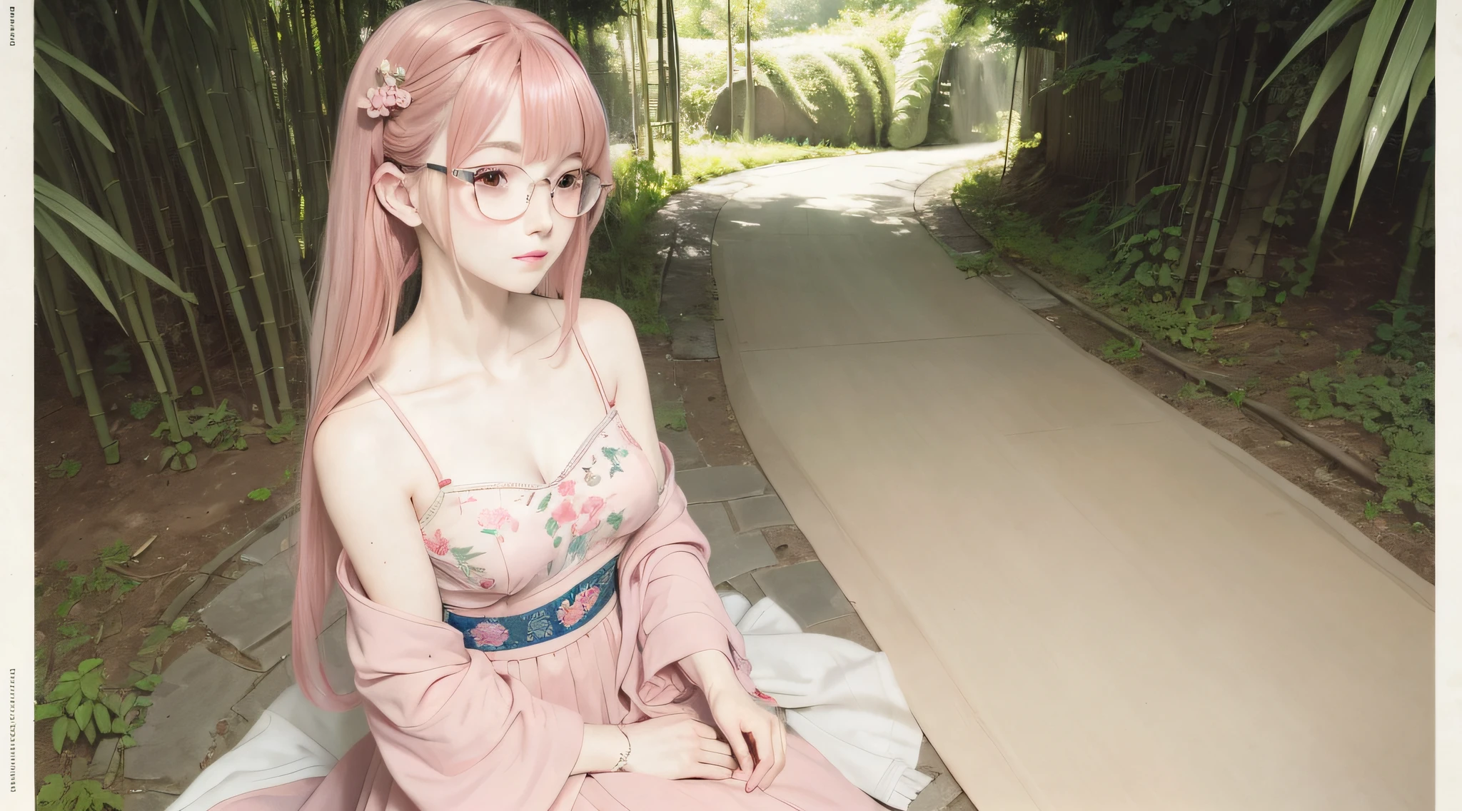 Masterpiece, best quality, official art, 8k wallpaper, very detailed, illustration, 1 girl, pale pink hair, short hair, detailed eyes, wearing glasses, Forrest, bare shoulders, delicate hanfu, court, afternoon, pure, soft smile, bamboo,