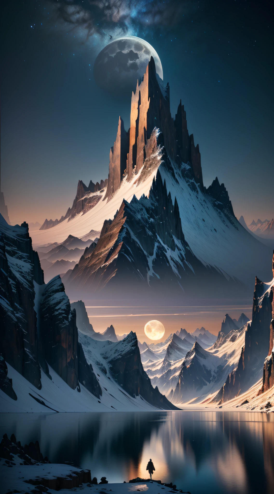 mountains and a lake with a moon in the sky, 4k highly detailed digital art, 4 k hd wallpaper very detailed, impressive fantasy landscape, sci-fi fantasy desktop wallpaper, unreal engine 4k wallpaper, 4k detailed digital art, sci-fi fantasy wallpaper, epic dreamlike fantasy landscape, 4k hd matte digital painting, 8k stunning artwork