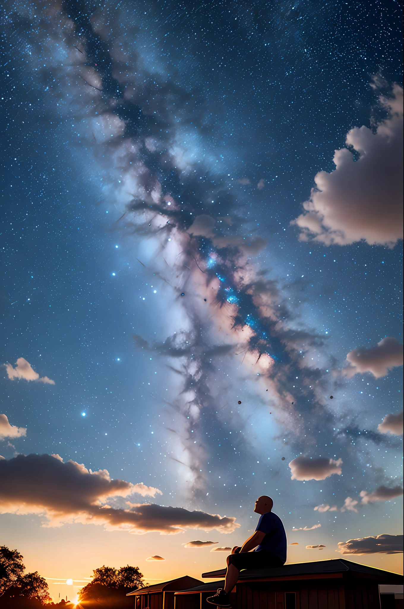 octans, sky, star (sky), landscape, starry sky, night, 1 fat man, night sky, solo, outdoors, houses, cloud, milky way, sitting, tree, bald, city, silhouette, cityscape.