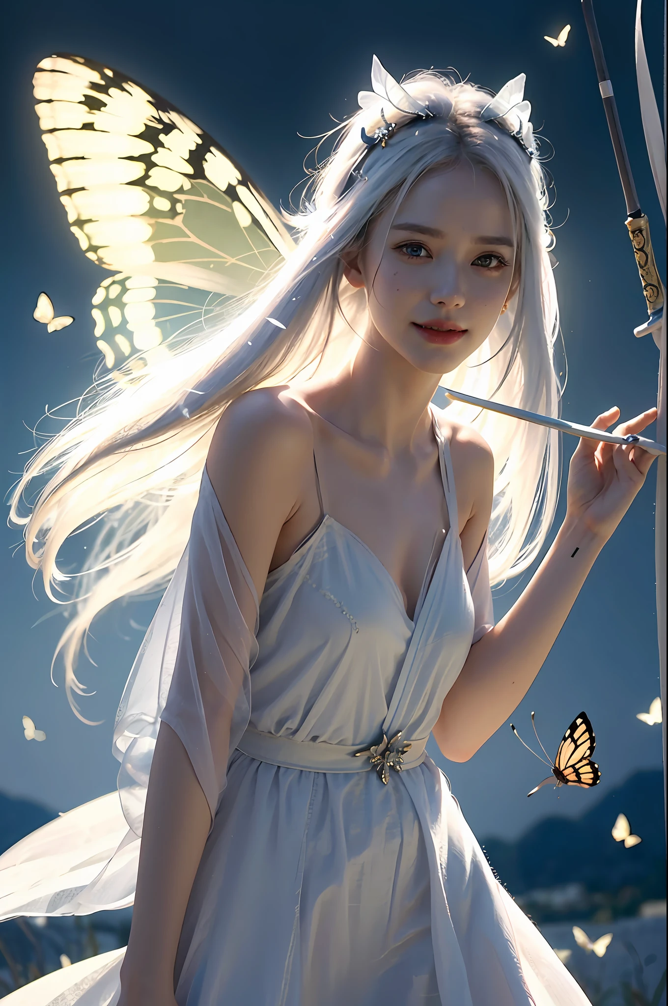 (RAW Photo, Best Quality), (Realistic, Photorealistic True: 1.3), Best Quality, Highly Detailed, Masterpiece, Hyperdetail, Illustration, 1 Girl, Smile, Butterfly Hair Ornament, White Hair, Green Hanfu, White Gauze, Elder on the Back A Pair of White Butterfly Wings, Wield a Swords, Butterfly Fairy, upper_body, Dynamic Angle, World Mastery Theater, Flying Long Hair, Fluores Cent Red, dynamic Fire inbackground, best quality, extremely detailed CG unified 8k wallpaper, ink, amazing, cinema lighting, lens_flare, wuxia_style