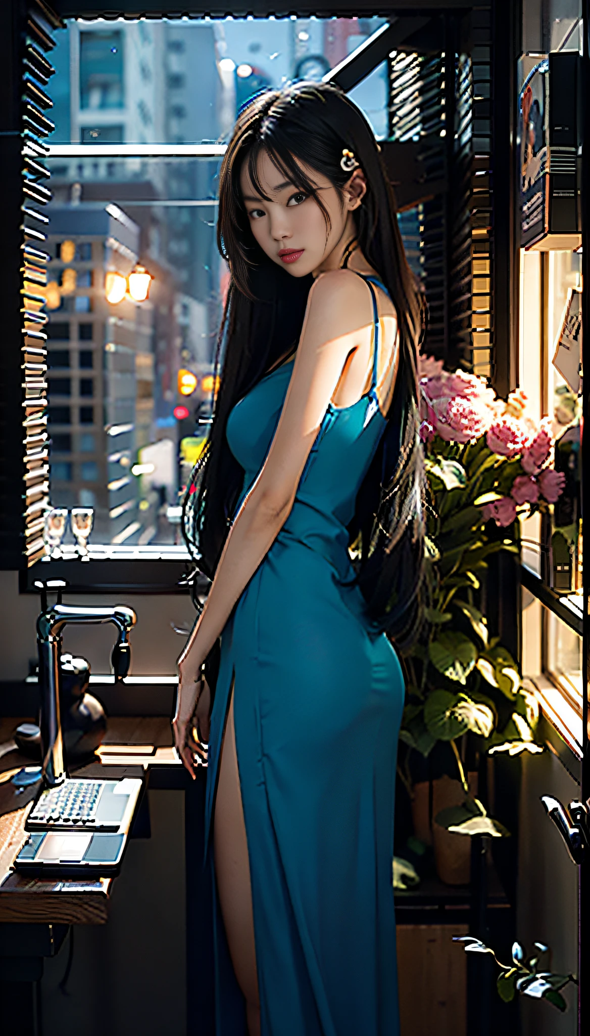 (Digital Art, Ultra HD, Ultra Detail Painting), (High Contrast), (Ordinary Apartment Standing Asian Beauty) Neon lights shining on the body, (Large rings and long straight black hair) to create a sharp contrast, (Night window) Add mystery, (Blue extra-long sexy transparent dress) Highlight the curves of the figure, (Laptop and coffee cup and vase) Create an intimate and free atmosphere, (4K quality) Show every detail.