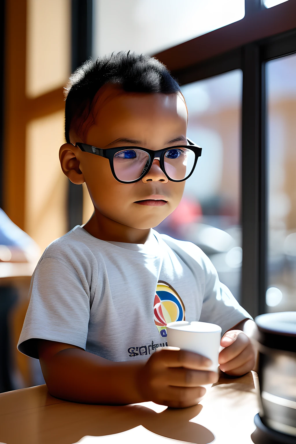 guttonerdvision3, portrait of a 3-year-old boy wearing glasses, super detailed face, detailed skin, sitting in a coffee shop, drinking his coffee. The cafeteria has an espresso machine behind the counter and coffee accessories like cups and French presses. The lighting is ambient, without artificial lights. The light of the rising sun enters through the window leaving the scene magnificent.