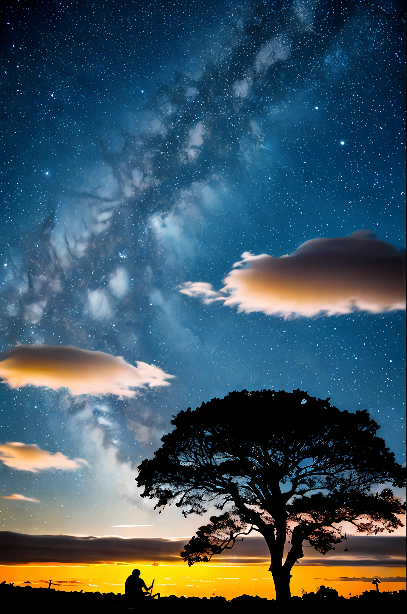 octans, sky, star (sky), landscape, starry sky, night, (night), (1 fat man), dark, warm colors, night sky, soil, outdoors, houses, tropical trees, cloud, milky way, sitting, Brazilian cerrado tree, bald, city, ((silhouette)), urban landscape.