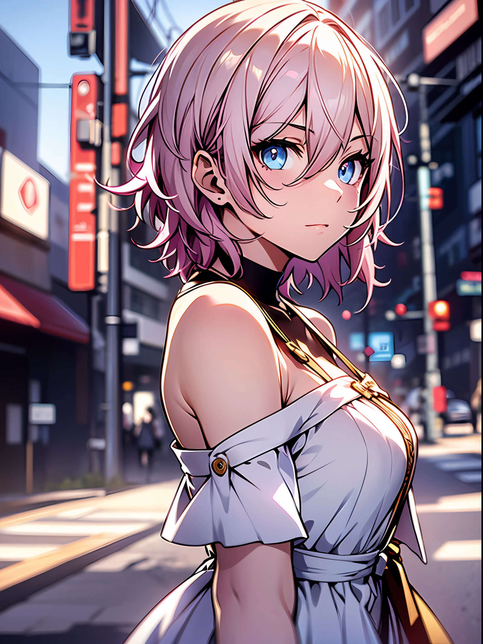 Exquisite masterpiece, best quality, illustration style, an anime girl with pink hair, short hair and shoulders, powder-blue eyes, small, casual dress, white dress, youthful and beautiful, dynamic posture contains the golden section, large aperture portrait, picture white, strong contrast between light and shadow, super texture, super clear and concise picture, presenting extreme beauty, elegant temperament, delicate facial expressions, background blurring, radiant, outdoor