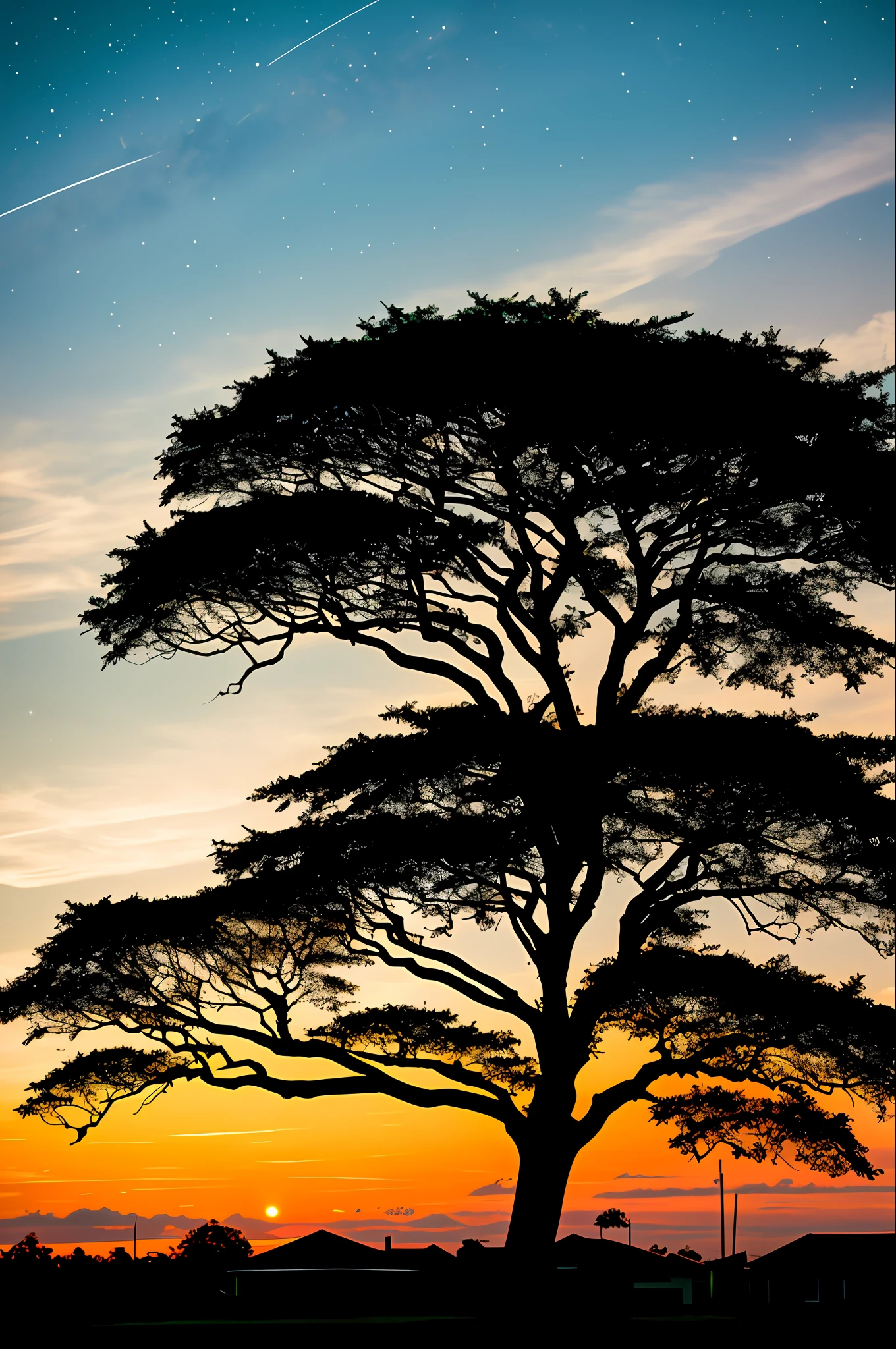 octans, sky, star (sky), landscape, starry sky, night, (night), (1 fat man), dark, warm colors, night sky, soil, outdoors, houses, tropical trees, cloud, milky way, sitting, Brazilian cerrado tree, bald, city, ((silhouette)), urban landscape.