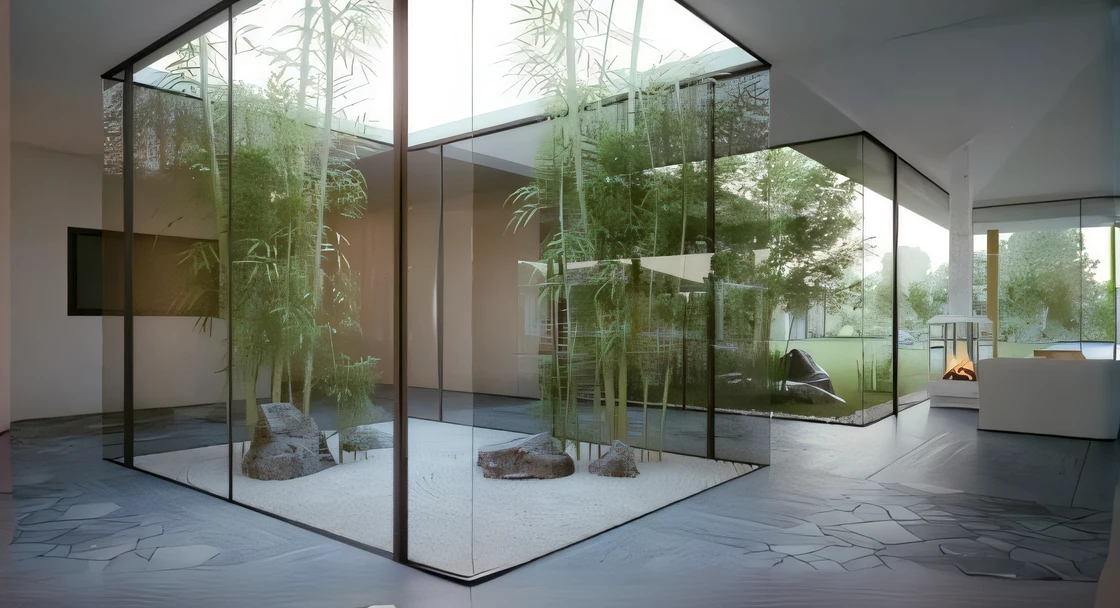 a close up of a glass box with a plant inside of it, glass walls, japanese glass house, zen garden, glass wall, glass openings, inside in a glass box, stone and glass, japanese house, clear glass wall, glass room, inside a glass box, floor to ceiling window, large glass windows, high quality rendering, natural indoor lighting