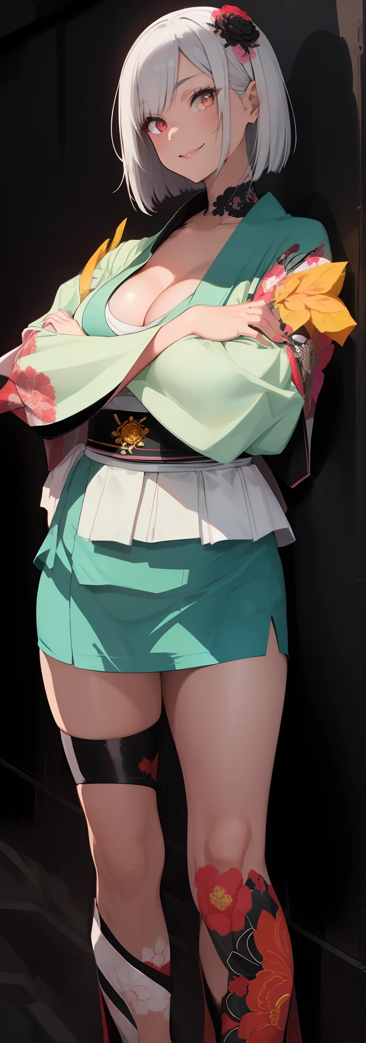 Black black bob hair(masterpiece, top quality, best quality, beautiful and aesthetic:1.2), extremely detailed, highest detailed,black hair, cleavage, black japanese clothes, black kimono, pink shawl, black wide sleeves, white sash,
Matsumoto Rangiku,graffiti art, red wall,from above, huge breast, looking at viewer, smile,