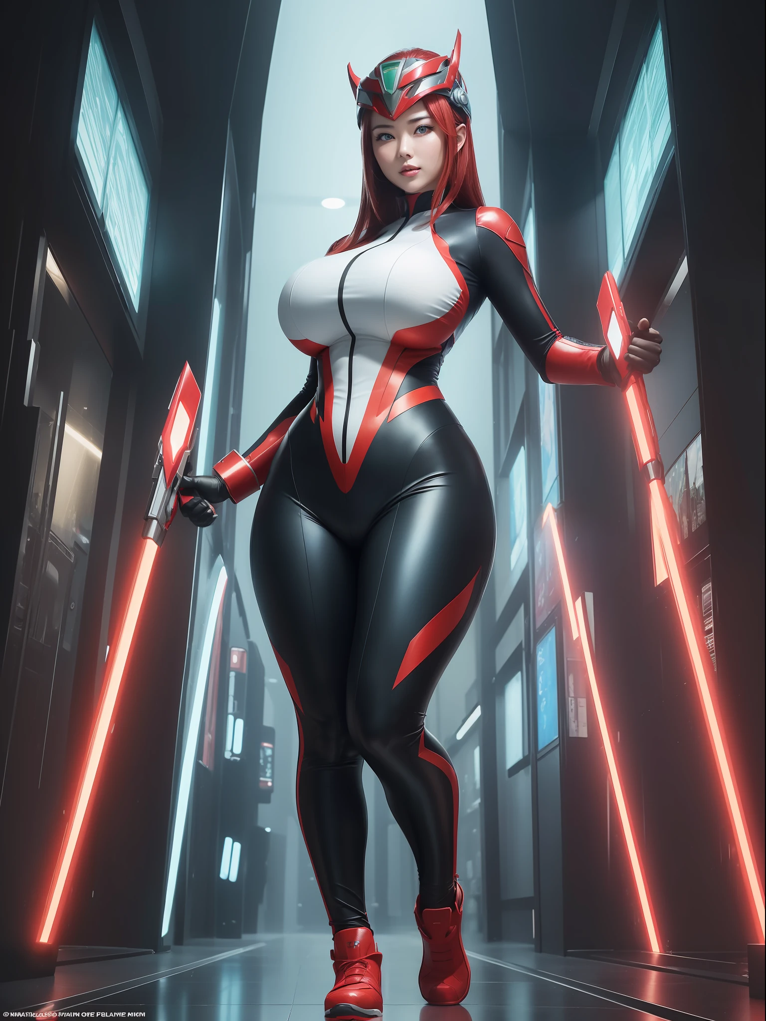 (Full body photo:1.5). ((Laura/giant/Chinese woman, this one standing)), (big breasts:1.5), (Wearing Ultraman costume/extremely tight on body/helmet on head), she's in a futuristic city in battle pose raining hard at night, she's got (red hair:1.0), (green eyes:1.0), she's looking at the viewer, smiling, holding futuristic weapons, closed fist, anime, framed, symmetry, 16k, best quality, super detail, textured skin, UHD