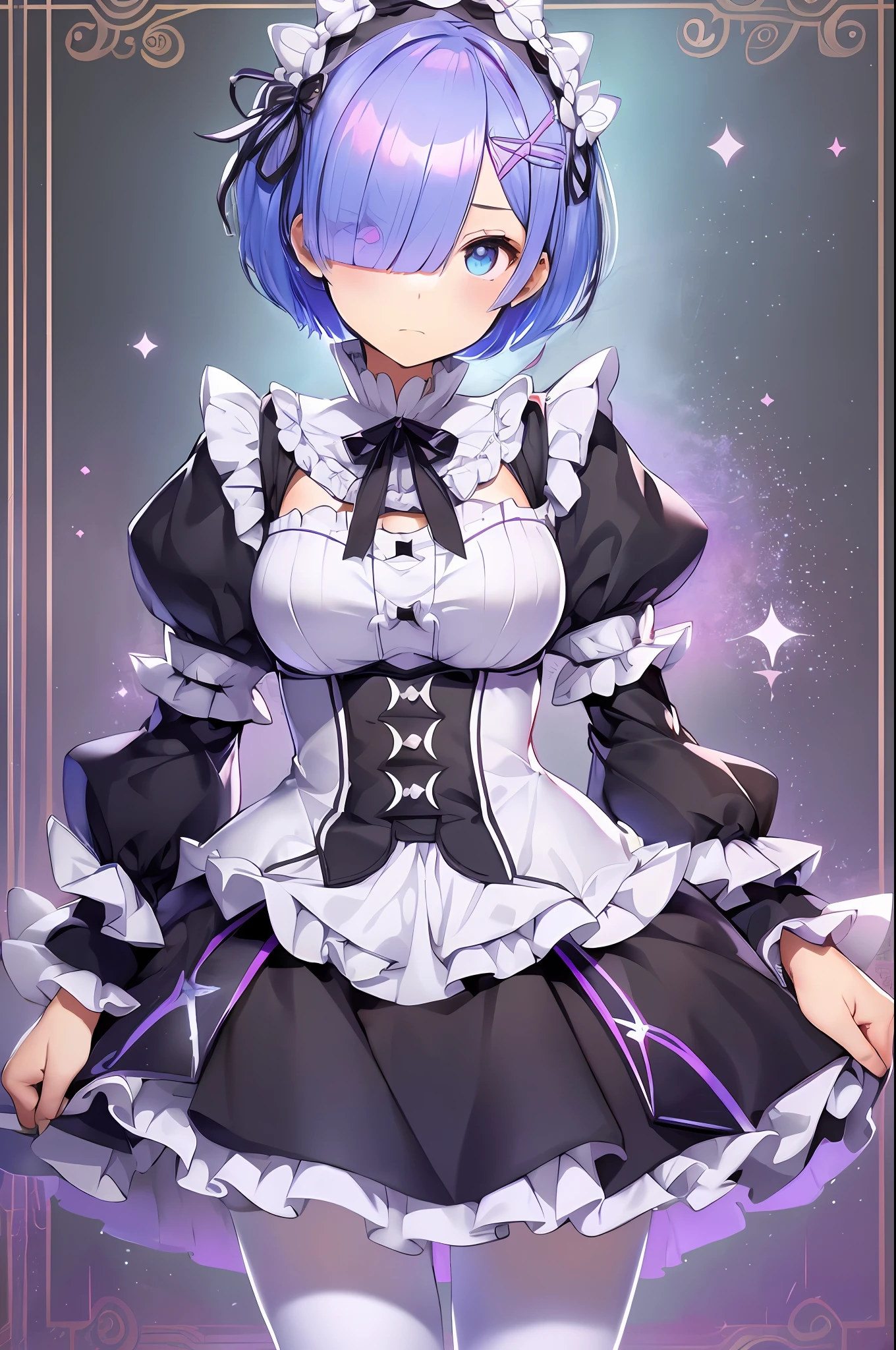 rem, rem (re:zero), anime style beautiful woman, illustration, detailed, isometric, hexagon:1.2, sharp:1.1, 1girl, cute, captivating pose, (light blue hair:1.1), short hair, (hair over one eye:1.5), blue eyes, wide pupil, drooping eyes, medium breasts, roswaal mansion maid uniform, (white pantyhose:1.1), x hair ornament, purple hair ribbon, black skirt, expressionless, cowboy shot, (looking at viewer:1.2), fantasy, unreal, dream, high-resolution:1.2, simple backgrouond, highest quality, high resolution.