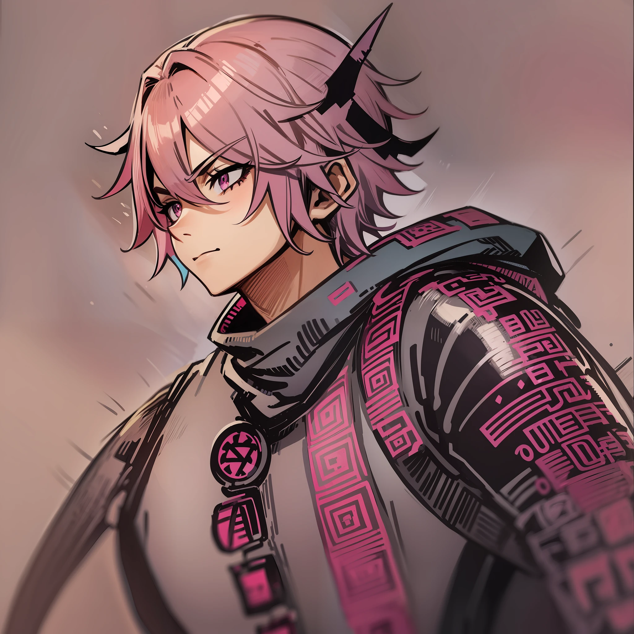 Boy anime hair pink outfit black portrait bust, cute face in art demon slayer, black bandana, gray eyes, best anime, badass anime, male, high quality anime art, anime boy, male, young man anime.