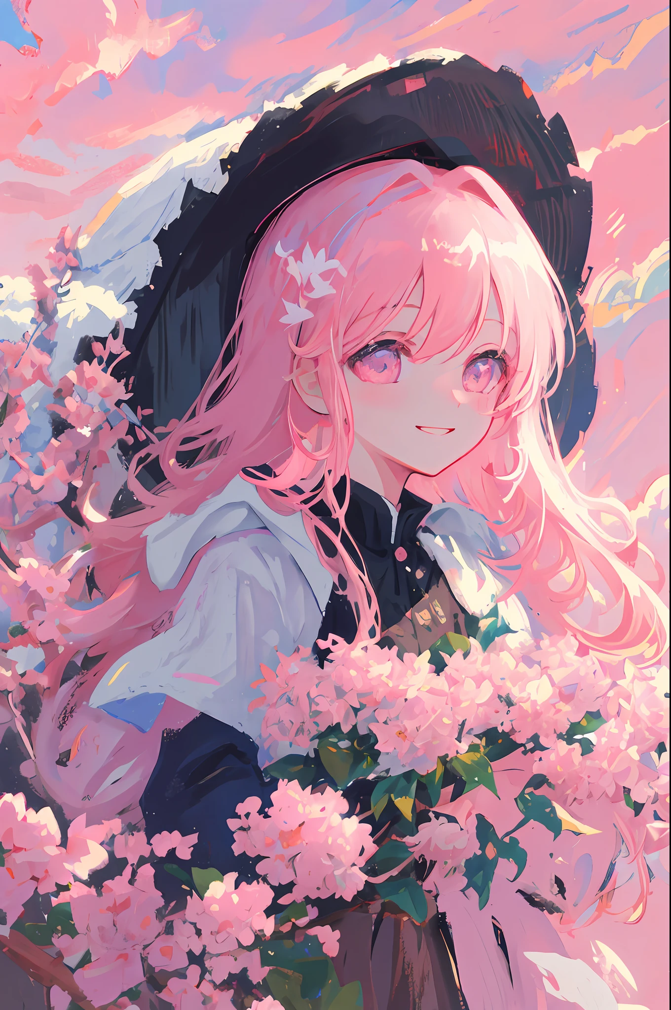 mksks, masterpiece, best quality, ultra-detailed, illustration, close-up, straight on, face focus, smile, colorfull, a background composed of flowers , pink sky, cloud-sky,girl with beatuifull eyes, cold face, looking at viewer