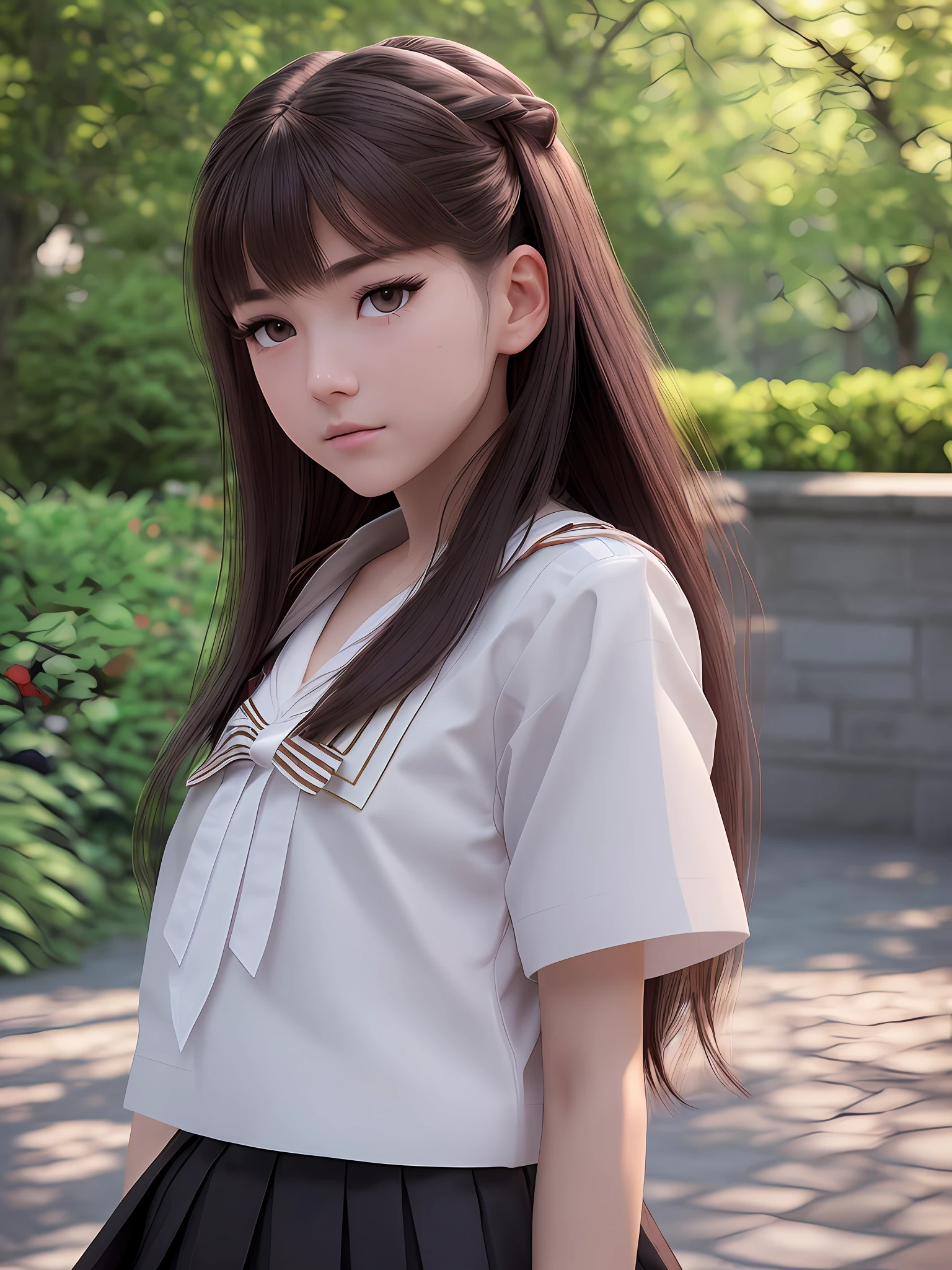 (Very detailed CG unity 8k wallpaper), (Masterpiece), (Best Quality), (Ultra Detailed), (Best Illustration), (Best Shadow), (Realism: 1.5), (PureErosFace_ V1:0.5), Real Human Skin, Lens Glow, Shadow, Backlight, Glow, Depth of Field, Natural Daylighting, Hard Focus, Film Grain, Looking at the Audience, 1 Girl, , Solo, Scrawny, Pale Skin, Soft Lips, (Light Eyebrows: 1.4), Shiny Brown Eyes, Black Super Long Straight Hair, Small Breasts, Beautiful Details Sky, Detail West Garden (Crowd: 1.2), Sunlight, (Nose Red), Beautiful Detail Eyes, White Japanese School Uniform, Sailor Suit, Crimson Pleated Skirt, Sneakers