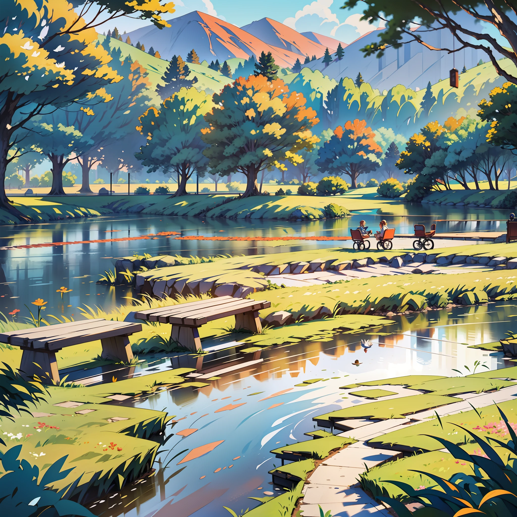 The paths of the park are wide and well paved, facilitating the locomotion of wheelchairs and walkers. Comfortable benches are strategically positioned along the way, inviting people to rest and enjoy the scenery. A tranquil lake reflects the blue sky, and ducks swim merrily, creating a picturesque and serene setting.