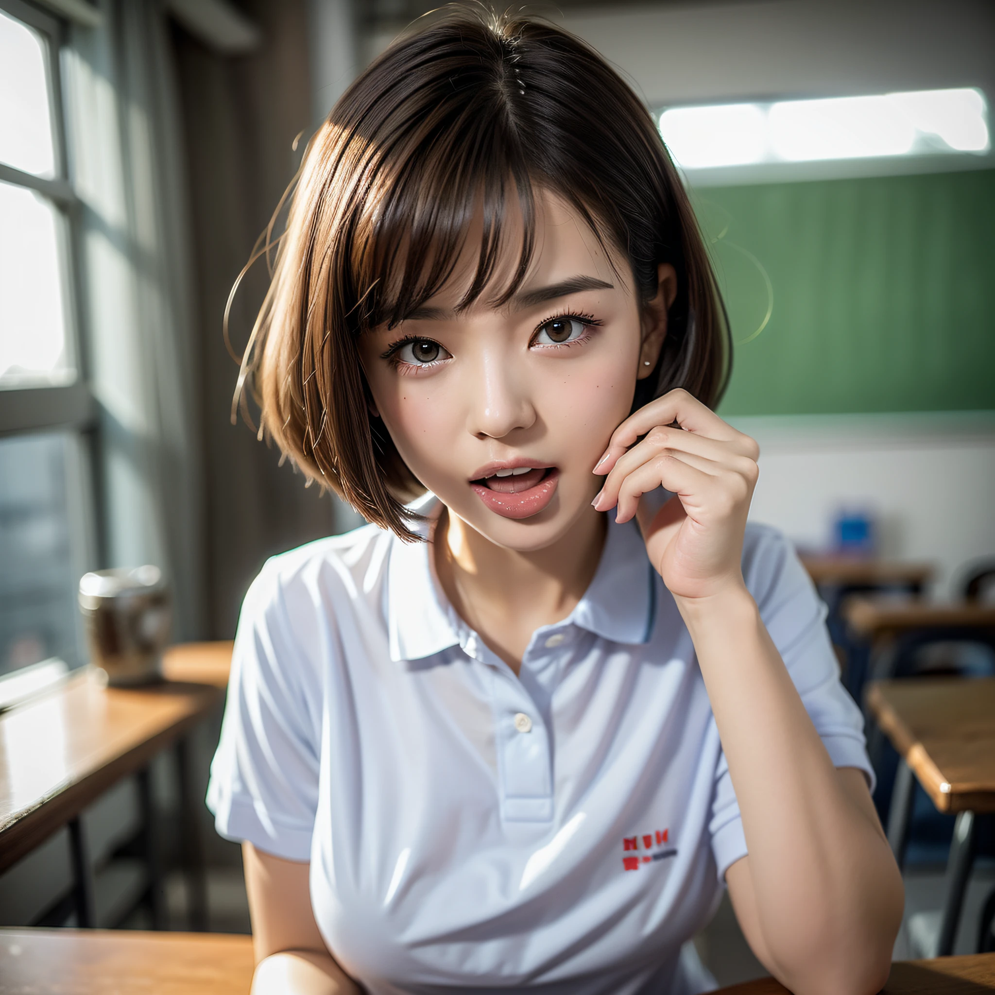 1 girl, (waiting tongue: 1.25), (tongue touches chin: 1), open mouth and perfect teeth, drooping mouth, tongue out, 20 years old, seduction, (moist eyes: 1.3), (bob cut hair: 1), (embarrassing: 1.15), (full face blush: 1.3), (polo shirt: 1.1), watch viewer, in school classroom, RAW photo, (ultra realistic: 1.2), ultra detailed, nsfw、