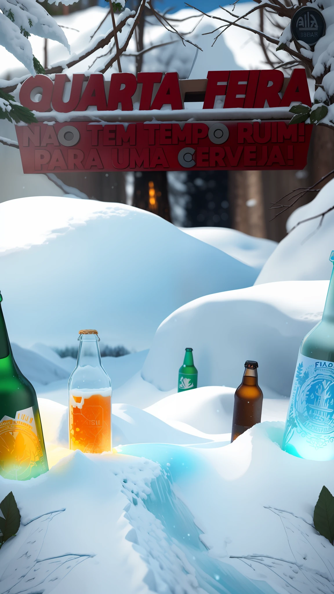 there are many bottles of beer on the snow with a tree in the background, beer advertisement, ad image, asuras, by Félix Arauz, quartz, beer, description, 8 h, bitter, wow, by Tuvia Beeri, winter, by Caesar Andrade Faini, fra, fake, scuta