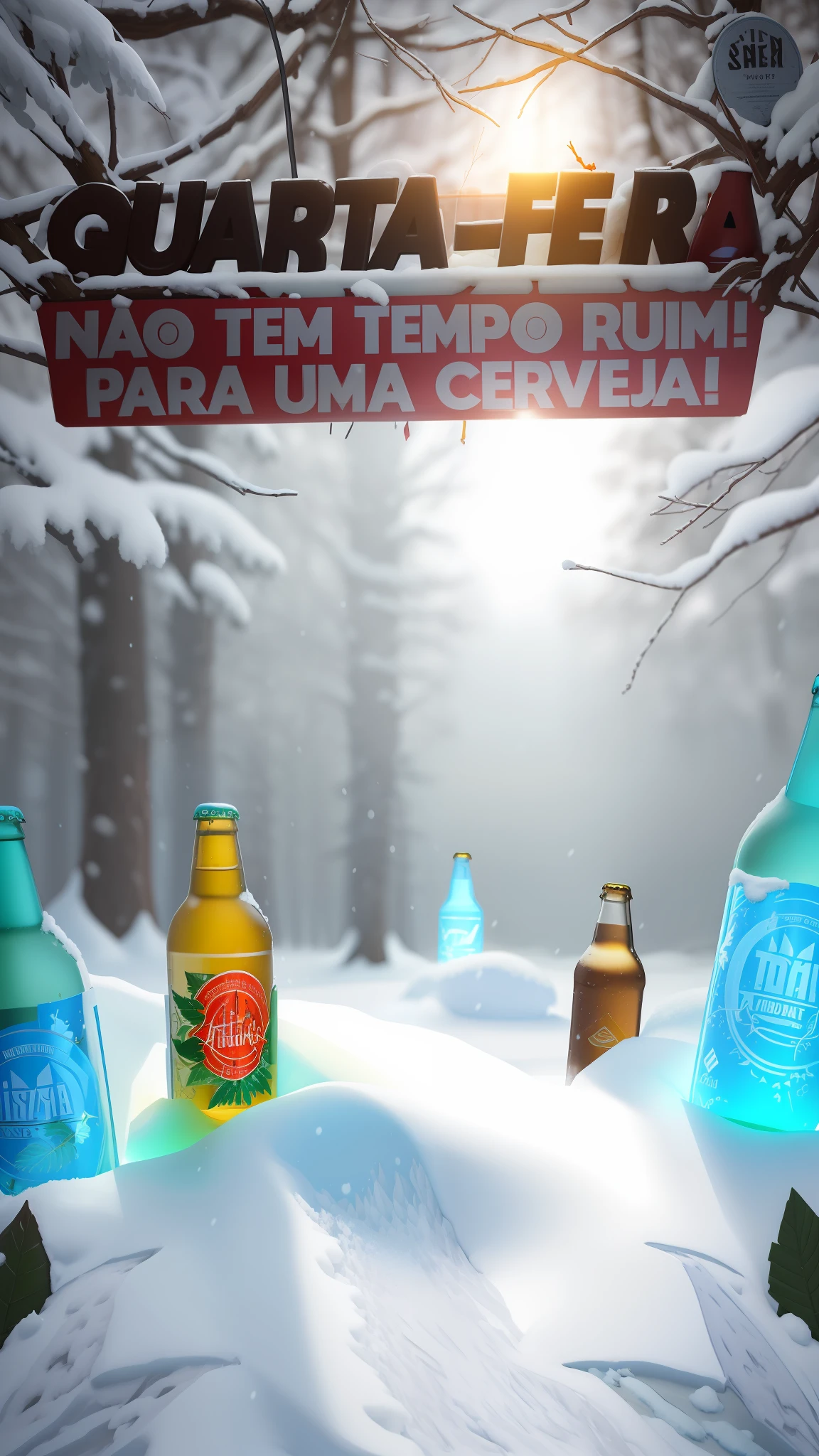 there are many bottles of beer on the snow with a tree in the background, beer advertisement, ad image, asuras, by Félix Arauz, quartz, beer, description, 8 h, bitter, wow, by Tuvia Beeri, winter, by Caesar Andrade Faini, fra, fake, scuta