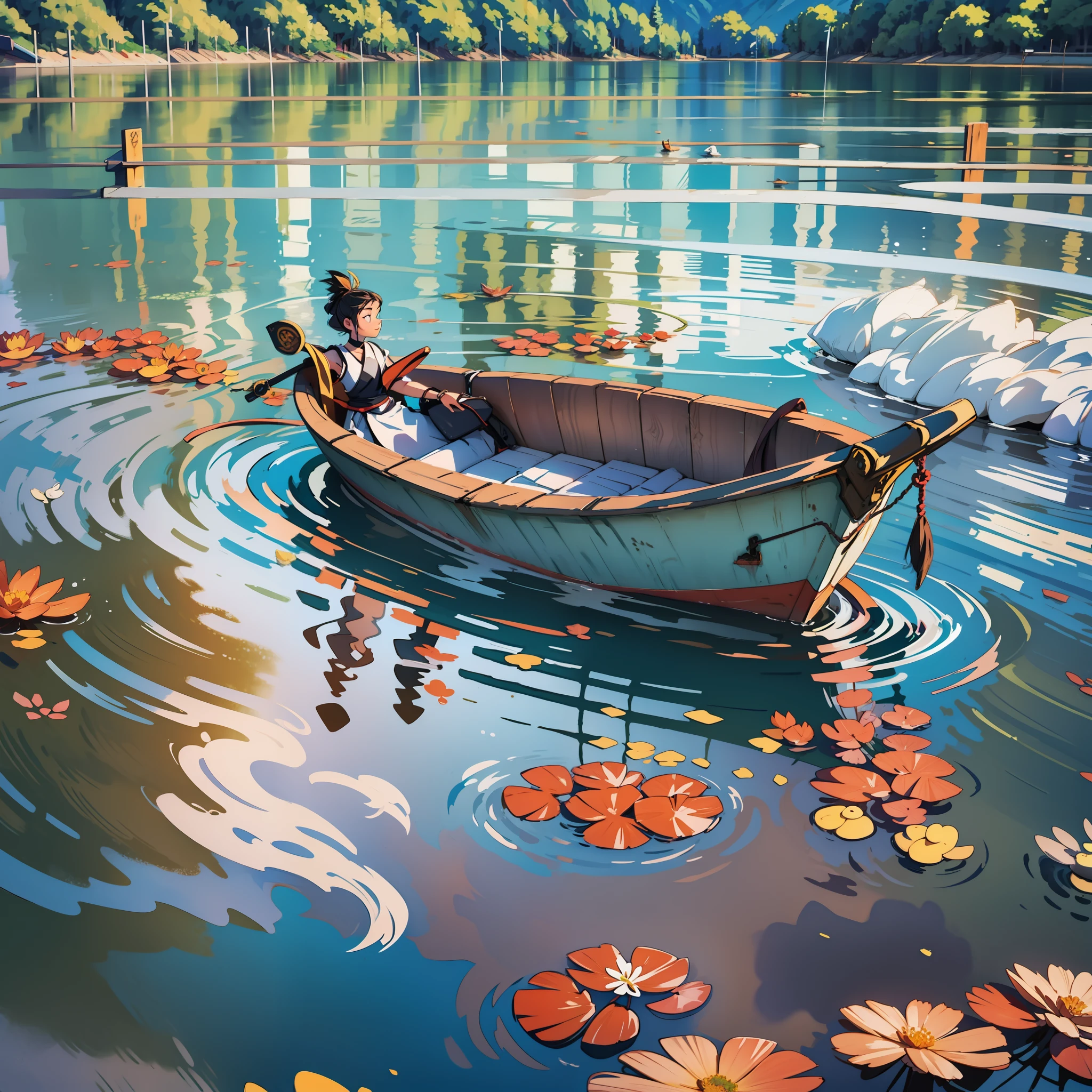 A tranquil lake reflects the blue sky, and ducks swim merrily, creating a picturesque and serene setting.