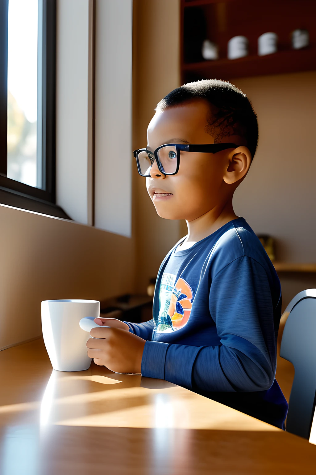 guttonerdvision3, a 3-year-old boy wearing glasses, super detailed face, detailed skin, sitting in a coffee shop, drinking his coffee. The cafeteria has an espresso machine behind the counter and coffee accessories like cups and French presses. The lighting is ambient, without artificial lights. The light of the rising sun enters through the window leaving the scene magnificent.