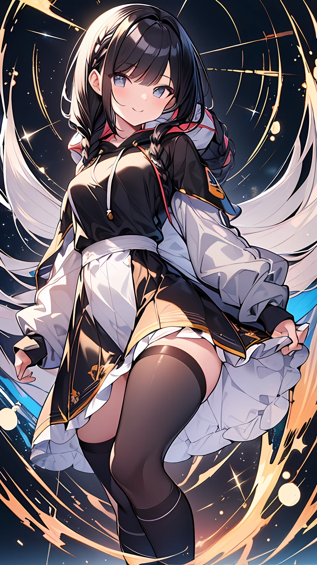 Top Quality, Masterpiece, High Resolution, 8k, Anime Style Girl with Hoodie and Skirt, One Girl, Detailed Line Art, Bright White and Bright Amber Style, Digital Enhancement, Close Up, Anime Core, Flowing Fabric, Hair Length and Short Braids to Shoulders, Beautiful Black Hair, Big Smile, Full Body Reflection Angle, Slender Style