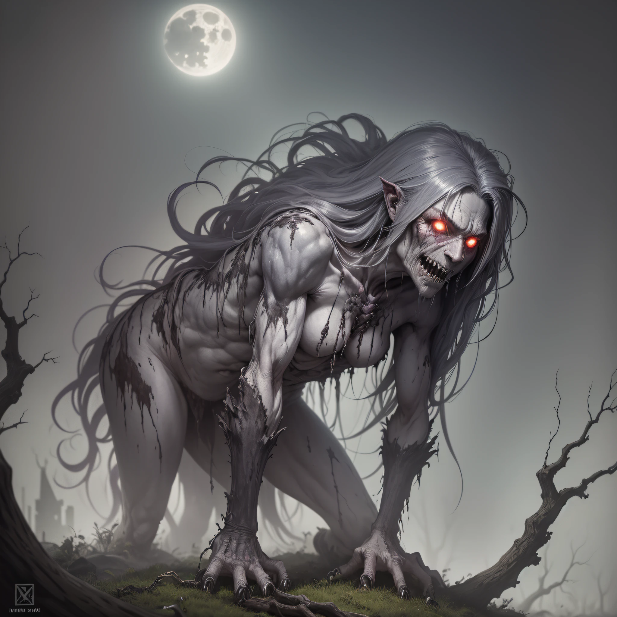 monster, an old, half-naked, pale woman, with lean body, ribs appearing, long hair and messy grayish, sharp teeth, claws, hump, dark look, bloodthirsty look, standing between a garden and dead trees, illuminated by the faint moonlight, background perspective --auto --s2