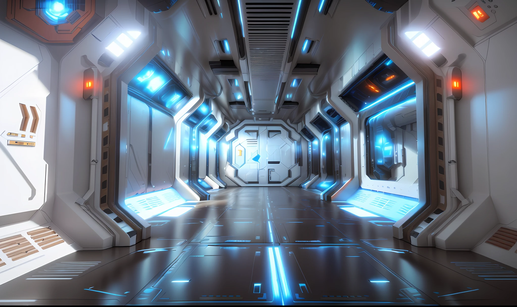 The entire interior of the spaceship, surrounded by magma, as if erupting from the ground, 3D rendering, high detail, 8K, Alafard view of the sci-fi spaceship corridor, door open, spaceship corridor background, spaceship corridor, detailed spaceship interior, space station interior, futuristic spaceship interior, alien spaceship interior,