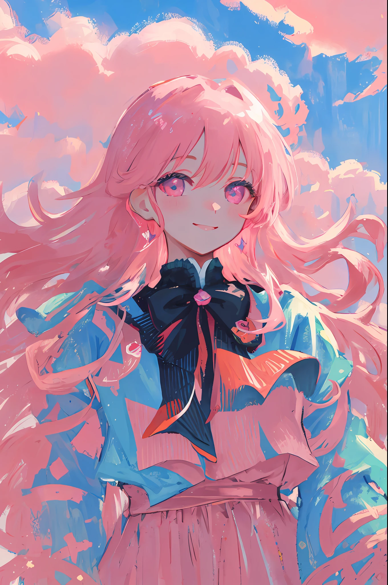 mksks, masterpiece, best quality, ultra-detailed, illustration, close-up, straight on, face focus, smile, colorfull, a background composed of flowers , pink sky, cloud-sky,girl with beatuifull eyes, cold face, looking at viewer