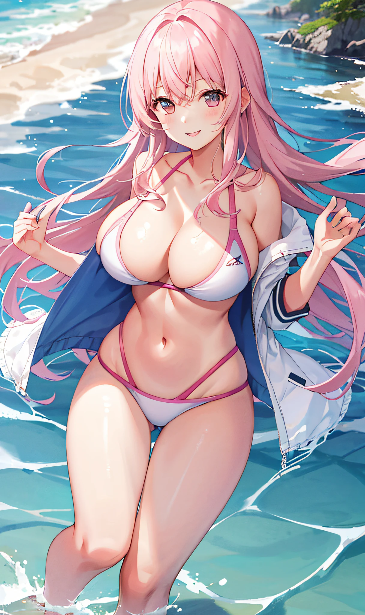 (1girl), light pink hair, open-chest suit seduction, female athlete, bangs, big breasts, (full), slim, smile, [wide hips], seaside, aru \ (blue file\), 8K picture quality, big beauty, swimsuit, big long hair