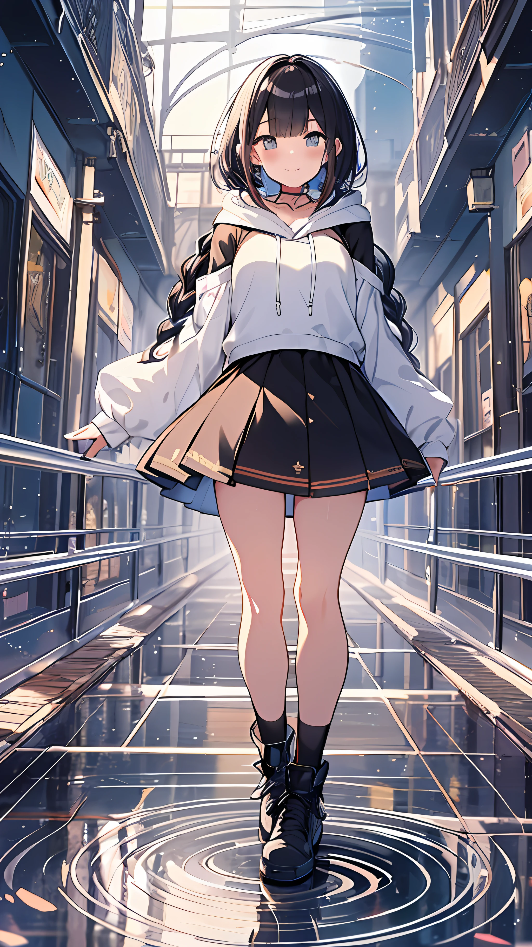 Top Quality, Masterpiece, High Resolution, 8k, Anime Style Girl with Hoodie and Skirt, One Girl, Detailed Line Art, Bright White and Bright Amber Style, Digital Enhancement, Close Up, Anime Core, Flowing Fabric, Hair Length and Short Braids to Shoulders, Beautiful Black Hair, Big Smile, Full Body Reflection Angle, Slender Style
