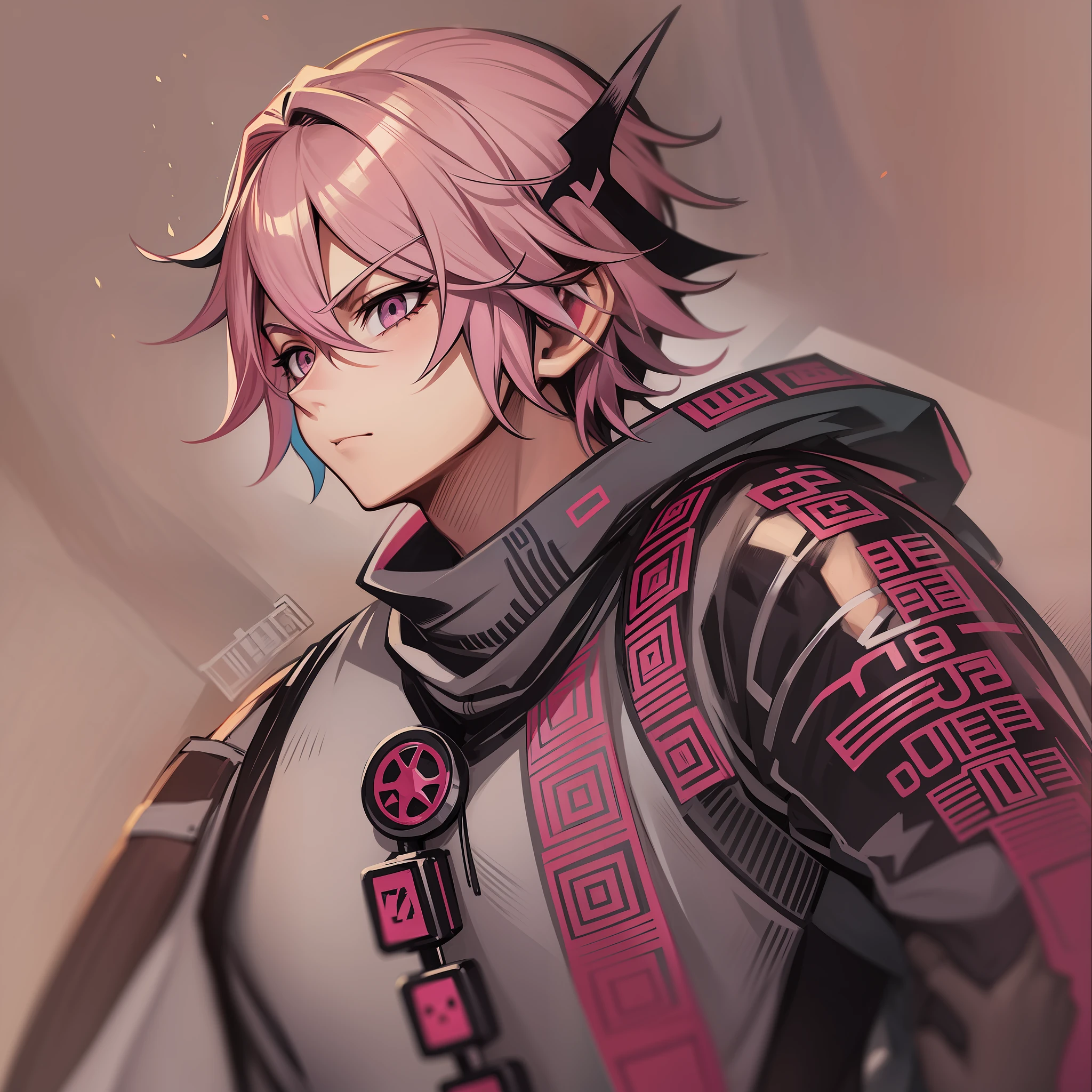 Boy anime hair pink outfit black portrait bust, cute face in art demon slayer, black bandana, gray eyes, best anime, badass anime, male, high quality anime art, anime boy, male, young man anime.