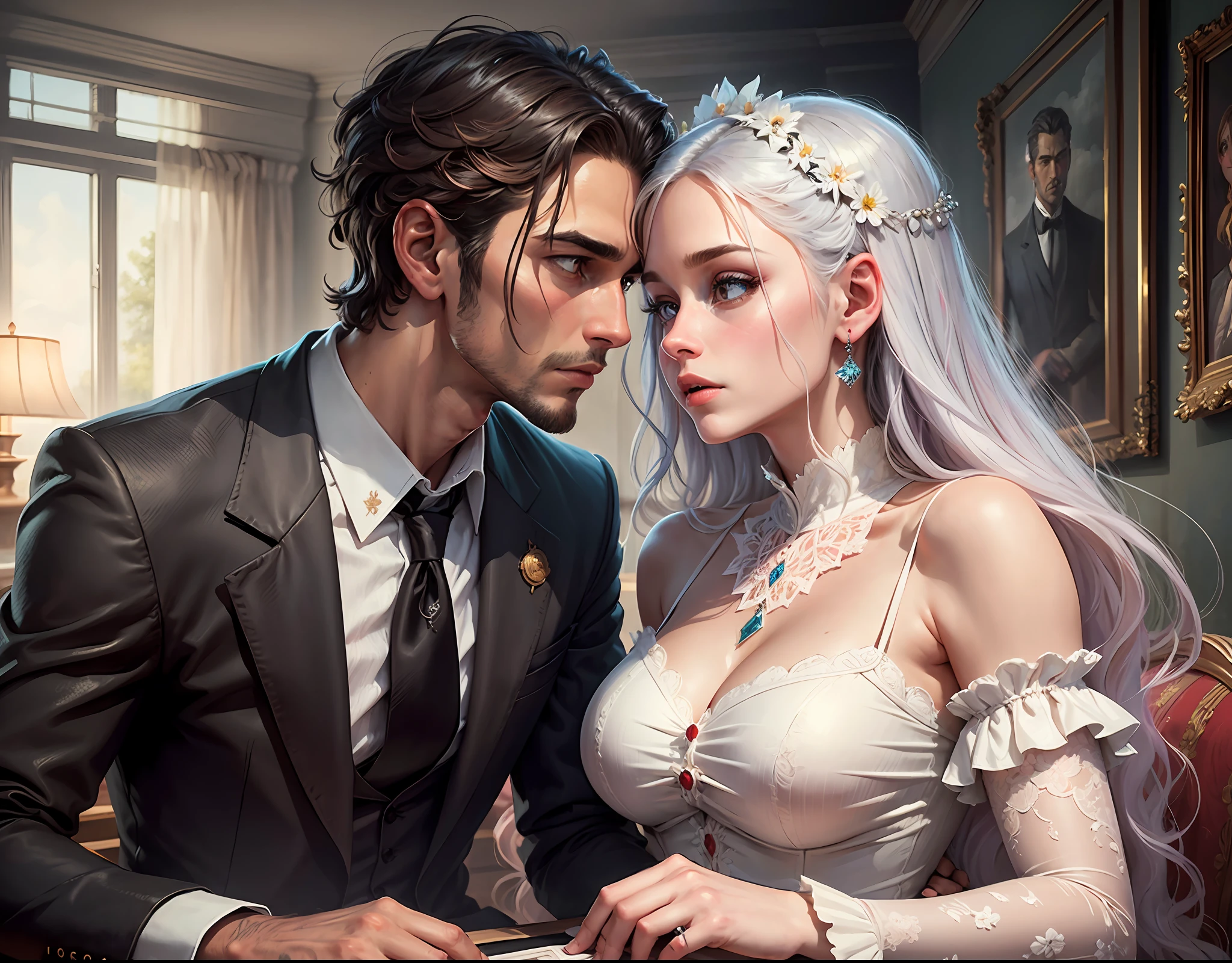 A surreal and romantic painting portrays a man with a leadership gaze and a delicate, yet proud woman in an intimate connection, evoking emotion, passion, and love. --auto --s2