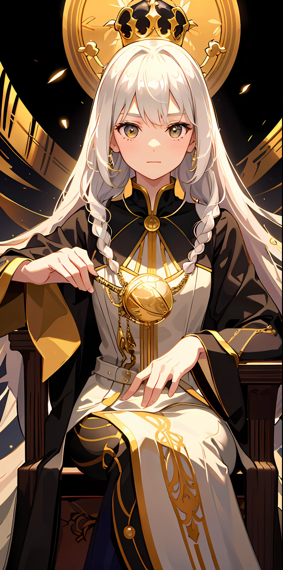 Best quality, masterpiece, (Adult: 1.6) Young merciless Japan queen, sitting on a throne, (make-up laughter: 0.4), arms behind the head, golden braided hair, shining eyes, Victorian sundress, particles of floating light, center, (masterpiece: 1.2), highest quality, (illustration: 1.2), (ultra detail), hyper detail, (delicate detail), (intricate detail), (cinematic light, highest quality backlight), clear lines, from below, soloist, perfect body, (1 girl), white hair and yellow eyes, (emperor, black see-through clothes), (crown: 1.1), sitting on a throne, eyes slightly closed, head bowed, (shy: 1.2), (makeup), high contrast, (best lighting, very creative and beautiful), (cinematic light), colorful,