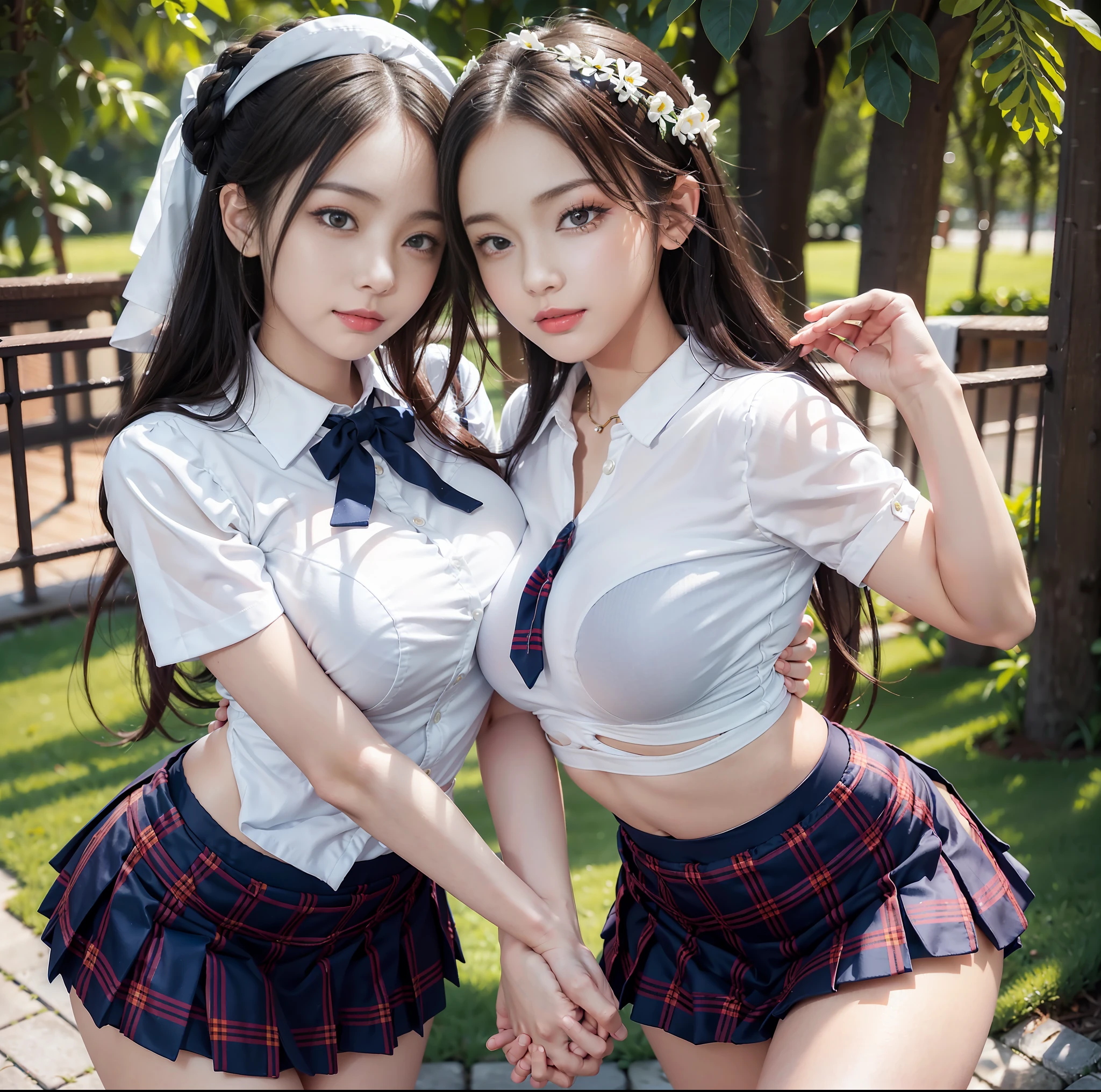 ulzzang-6500-v1.1, (top quality, masterpiece), (raw photo: 1.2), (photorealistic: 1.4), best quality, master, very tasty and beautiful, highly detailed CG, 8k wallpaper, amazing fine details, master masterpiece, official art, huge file size, high resolution, 2-3 girls, (snugly next to each other without separation between characters ), (no break in a single piece), teens to thirties, (representation of the human body based on accurate anatomy), intricate details, (wearing Japan schoolgirl uniform with a short skirt length), (neat white blouse and super mini navy blue tartan check pleated skirt), (navy blue pleated mini skirt with smooth white bodysuit fabric sailor suit), (white panties) , Buttons all fastened, Blonde, ((Very large breasts)), (Woman with very big), (Very large area),(are so cramped and braless), (Big buttocks), (Thin thighs), Very beautiful eyes, Bright ultramarine eyes, (Detailed pupils reflecting light), (The iris of the eye is painted with fine radial pattern details), ( The iris of the eye does not draw a border line), (the expression of the whites of the eyes is a little dark), (the upper 30% of the visible part of the eyeball is shadowed), natural eye shadow, realistic shadows are drawn on the body assuming a light source, Cute girl and mature beauty, whitening skin, , (posing in a standing position), blushing and very troubled expression or smile, many races, (Skirt twisting ), Panties visible, Long hair partially braided, hugging and touching cheeks with neighboring people, holding hands, palming and looking at other subjects' cheeks, (rubbing breasts hard), NSFW, beautiful garden with flowers, clear sunshine,