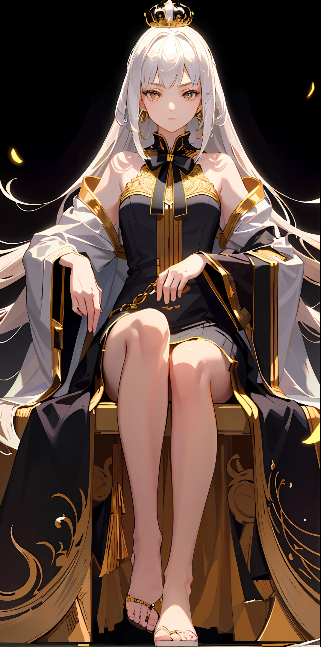 Best quality, masterpiece, (Adult: 1.6) Young merciless Japan queen, sitting on a throne, (make-up laughter: 0.4), arms behind the head, golden braided hair, shining eyes, Victorian sundress, particles of floating light, center, (masterpiece: 1.2), highest quality, (illustration: 1.2), (ultra detail), hyper detail, (delicate detail), (intricate detail), (cinematic light, highest quality backlight), clear lines, from below, soloist, perfect body, (1 girl), white hair and yellow eyes, (emperor, black see-through clothes), (crown: 1.1), sitting on a throne, eyes slightly closed, head bowed, (shy: 1.2), (makeup), high contrast, (best lighting, very creative and beautiful), (cinematic light), colorful,