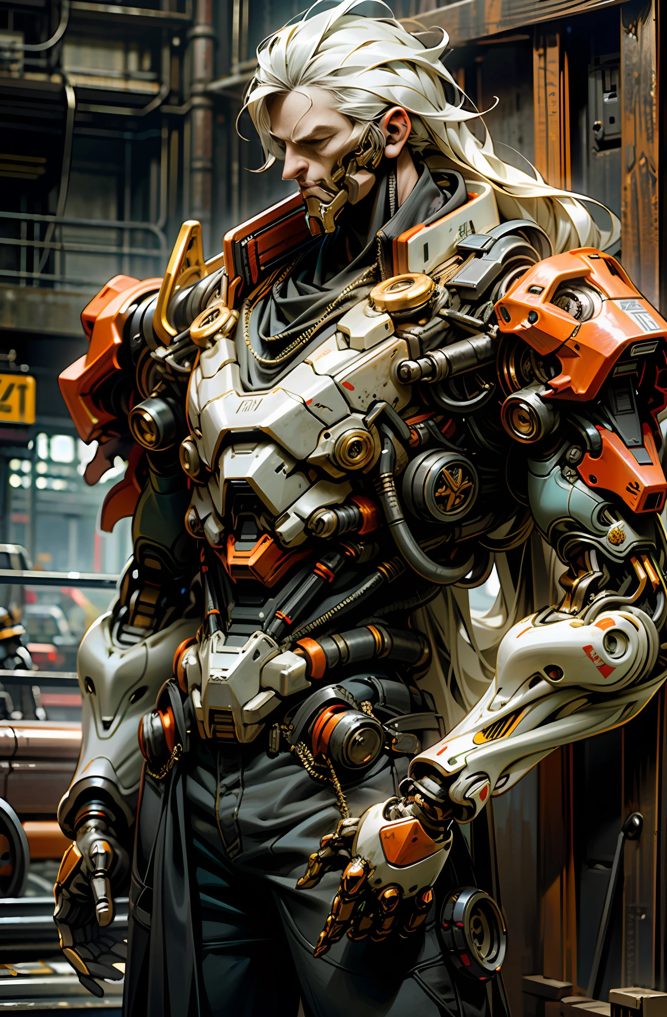 Dark_Fantasy,Cyberpunk,(chain saw,chain saw man,Red:1.1),1man,Mechanical marvel,Robotic presence,Cybernetic guardian, wearing a worn-out mech suit, intricate, (steel metal [rusty]), elegant, clear focus, shot by greg rutkowski, soft lighting, vibrant colors, masterpiece, ((street)), cowboy shot, dynamic pose,
