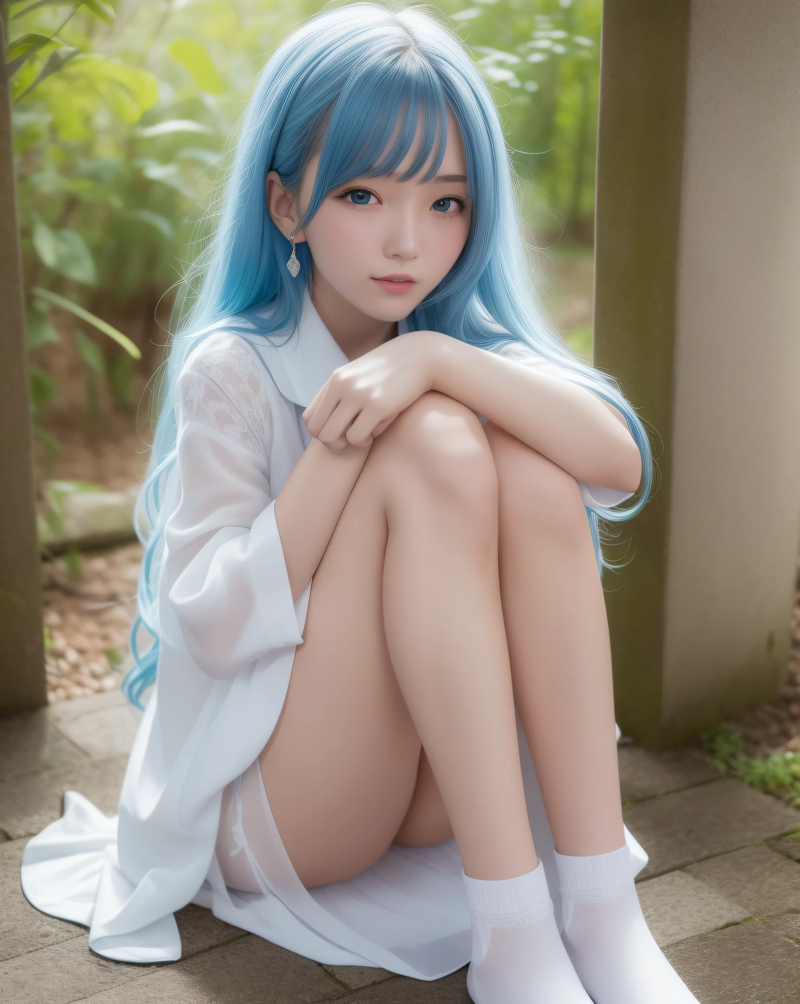 Maximum image quality, ultra high resolution, (real photo: 1.4), Japan person, 18 years old, sky blue hair, long hair, blue eyes, (thin), small breasts, sitting, bend both knees, hug both knees, thin legs, short white socks, crossed fingers, light makeup, white cloak, black string tie, sky blue dress, white lingerie visible under the dress, white panties, front view, short skirt, princess line, smiling, cute, stage, small teardrop earrings, five fingers, two legs